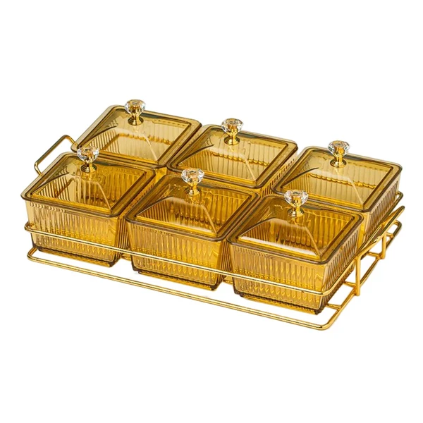 Comfortable Maxbell Caddy Serving Platter 6 Bowls with Lid Storage Container for Wedding Salad Golden Clear Lids High-End