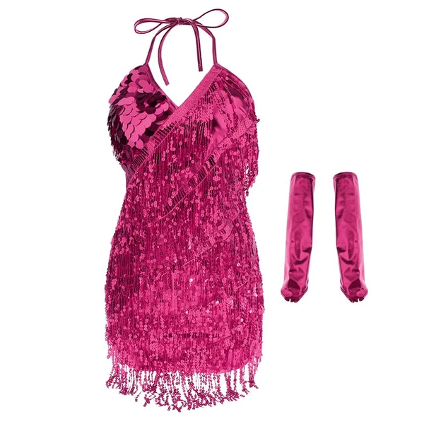 Artisan Maxbell Women Latin Ballroom Dance Costume Sequins Tassel Slip Dress Rose Red Flexible