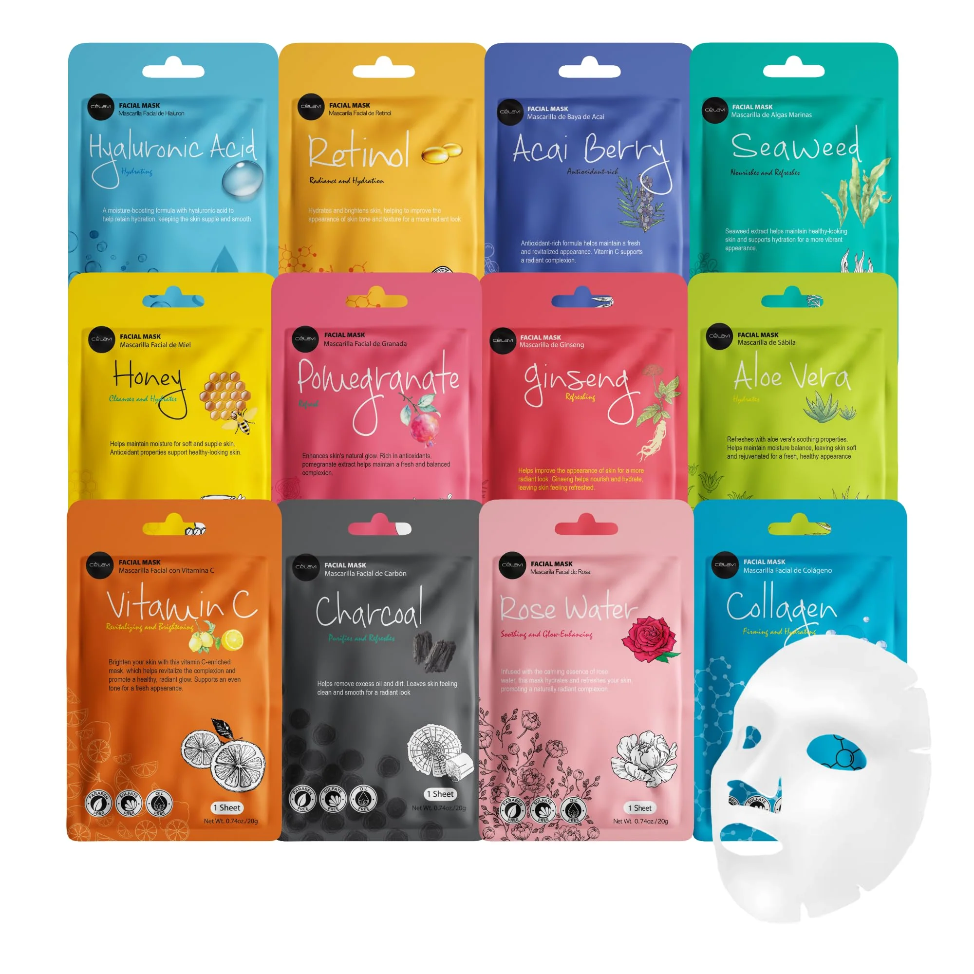 Breathable celavi Face Mask Set Korean Beauty Essence Facial Paper Sheet Mask Korea Skin Care Moisturizing 2 Packs of each 12 New flavors K-Beauty Skincare 24 Sophisticated