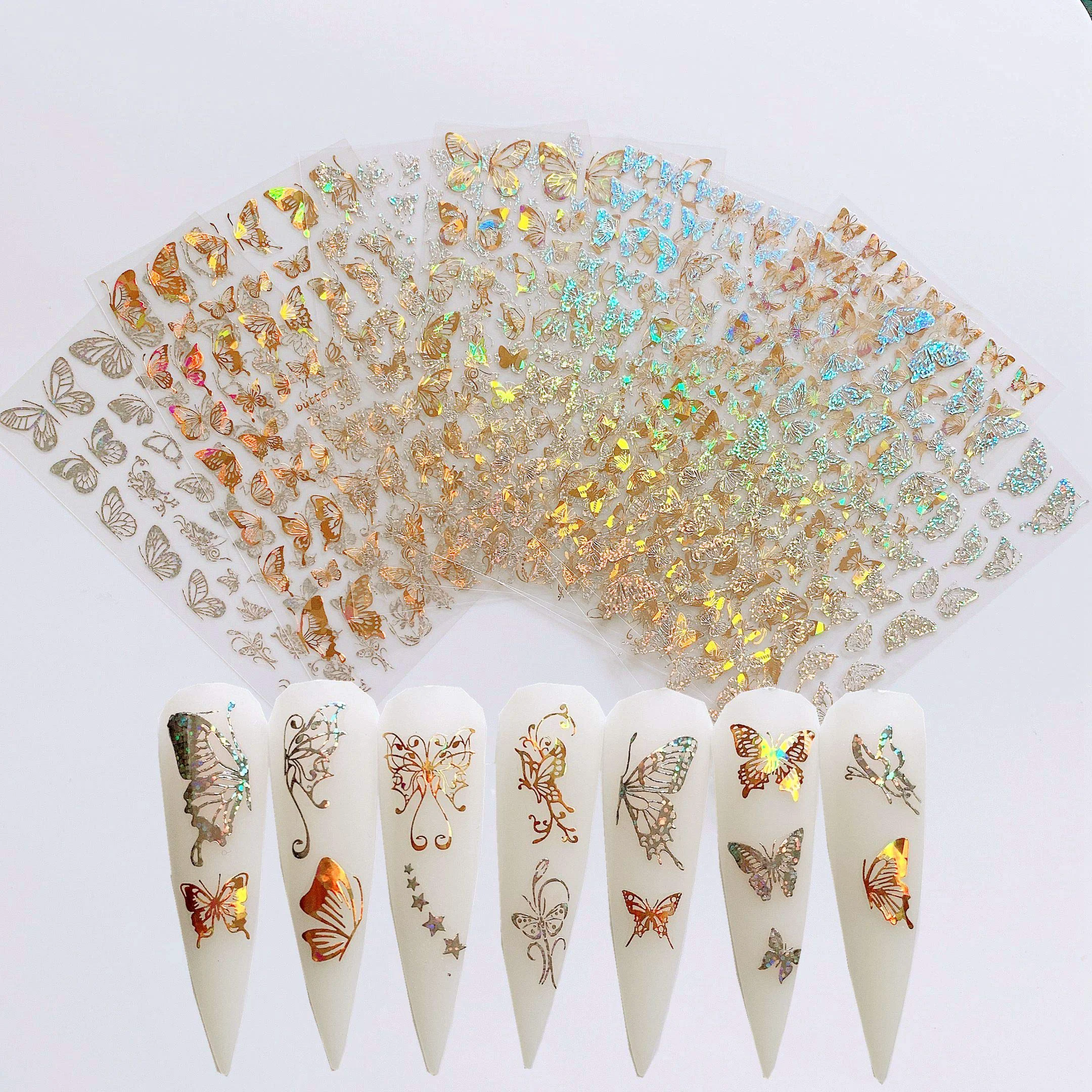 Traditional NAIL ANGEL 8Sheets Nail Art Adhesive Sticker Sheets Different Laser Gold and Silver Color Butterfly Shapes Nail Art Decoration 10238 Stylish