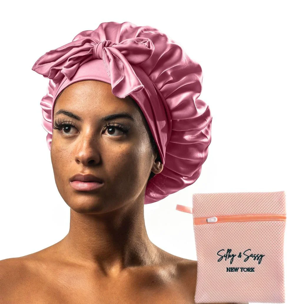 Consistent Silky Sassy Large Satin Bonnet With Laundry Bag - Double Layer Silk Sleep Cap for Women Curly Hair - Adjustable Tie Band - Pink Solid