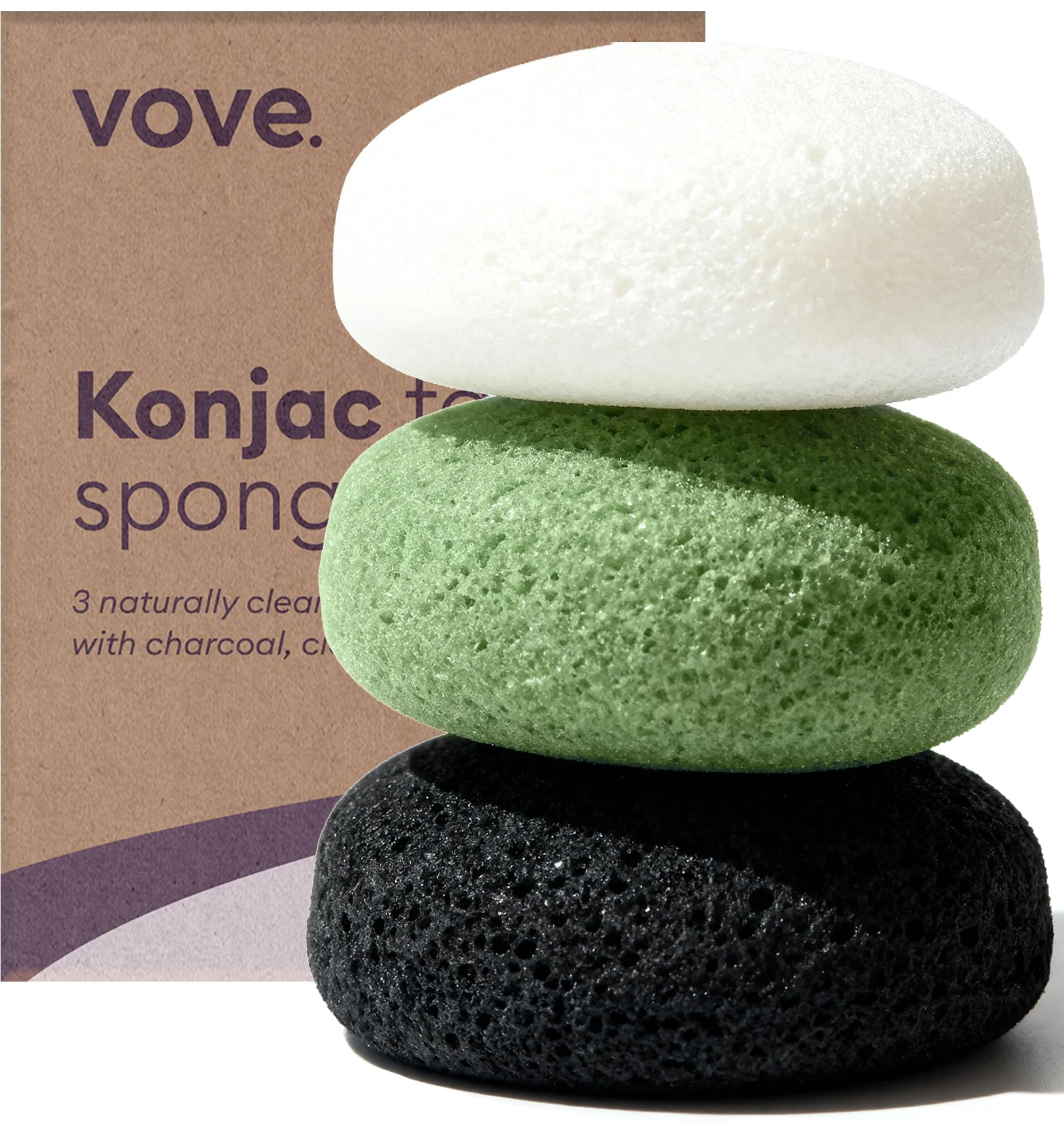 Advanced Vove Organic Konjac Facial Sponges 3-Pack - Natural Face Exfoliating Sponges with Bamboo Charcoal Green Clay Gentle Cleansing for All Skin Types Fine