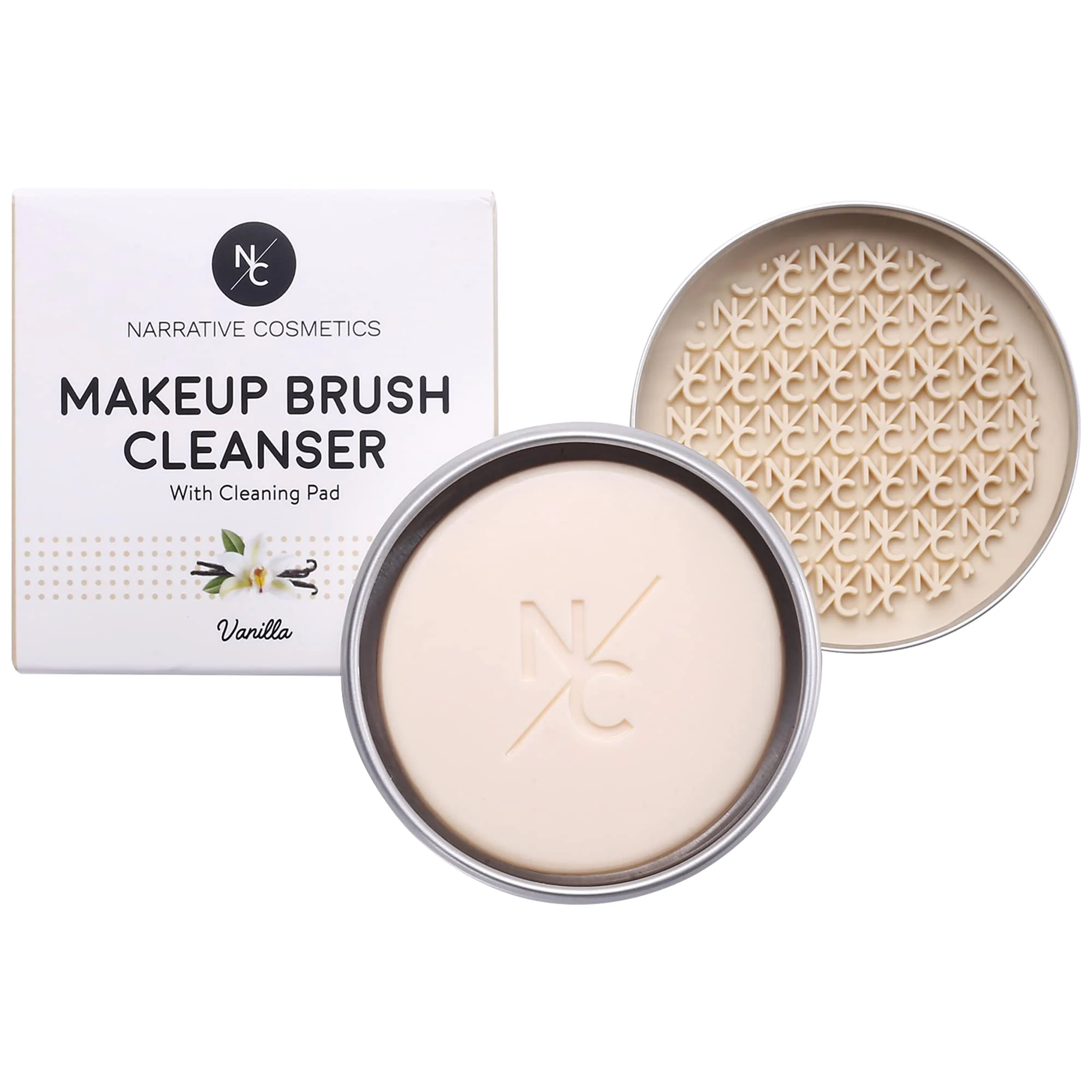 Advanced Narrative Cosmetics Solid Makeup Brush Cleanser Soap with Silicone Cleaning Pad Cleans Natural Synthetic Brushes Vegan Cruelty- Natural Relaxed