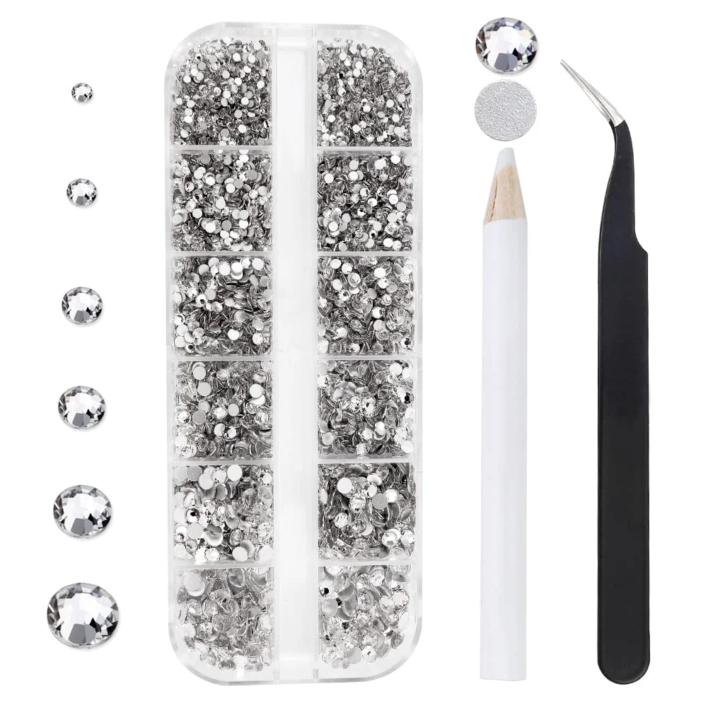 Easy-to-Use 12 Grids 3792pcs Pieces Clear Flatback Rhinestones for Crafts White Nail Gems Gemstones Crystals Jewels Craft Glass Diamonds Stones Bling Rhinestone Relaxed