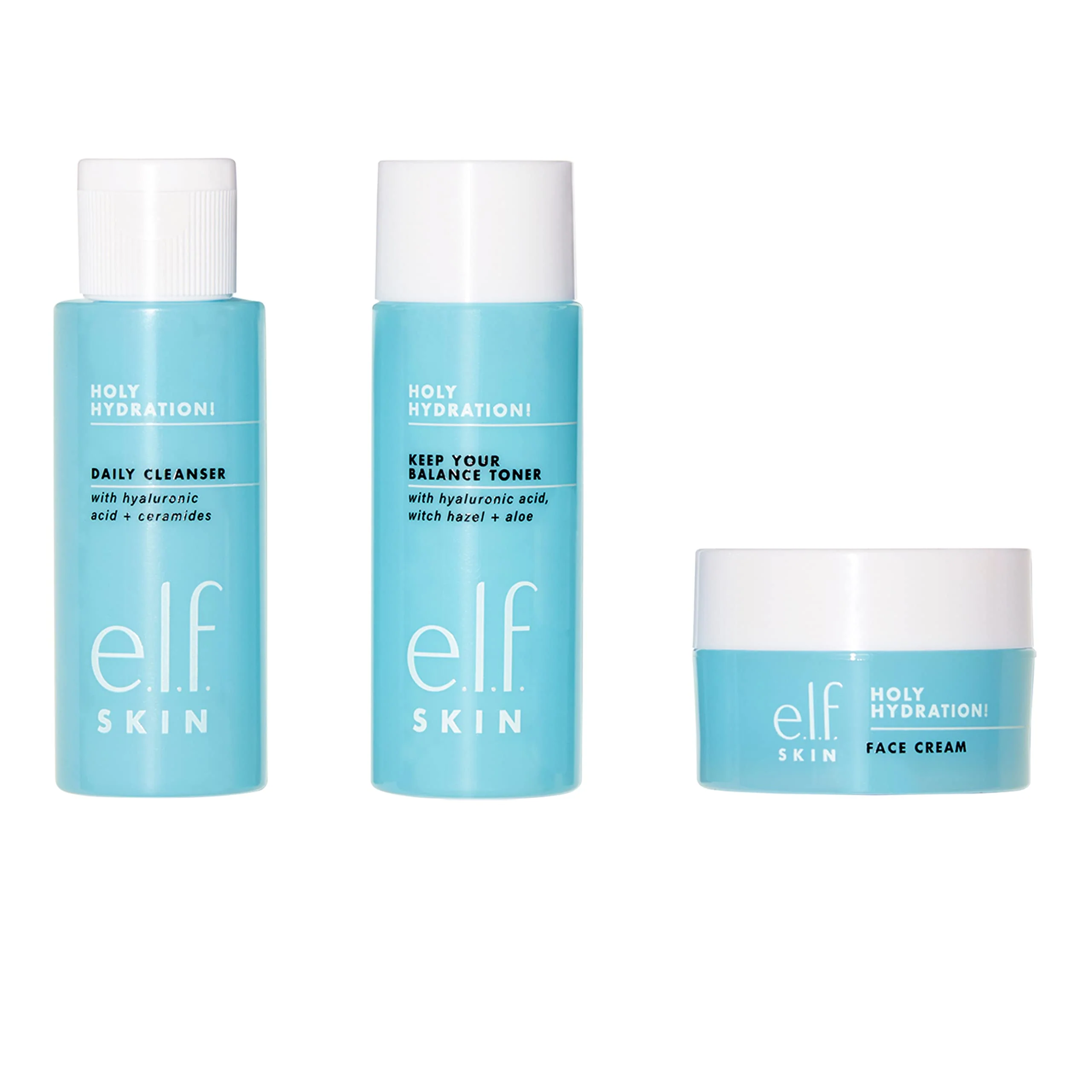 World-Class e.l.f. Skin Holy Hydration The Essentials Mini Kit Cleanser Toner Moisturizer for Hydrated Balanced Skin TSA-Friendly Sizes Minimalist