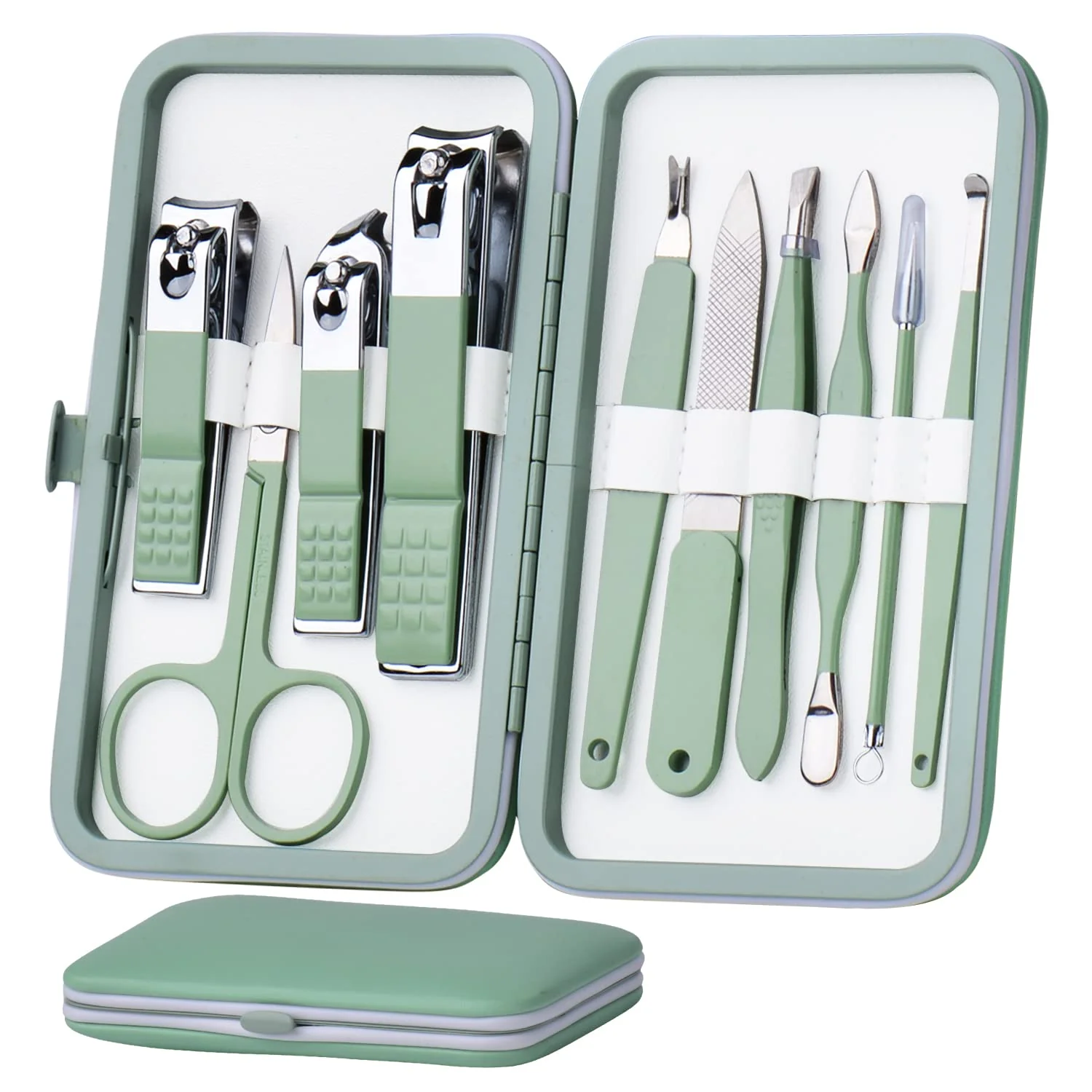 Crafted HANTEKAS Manicure Set 10 in 1 Stainless Steel Nail Clippers Scissors Pedicure Tools Kit - Portable Travel Grooming Kit for Men and Women with Leather Organic