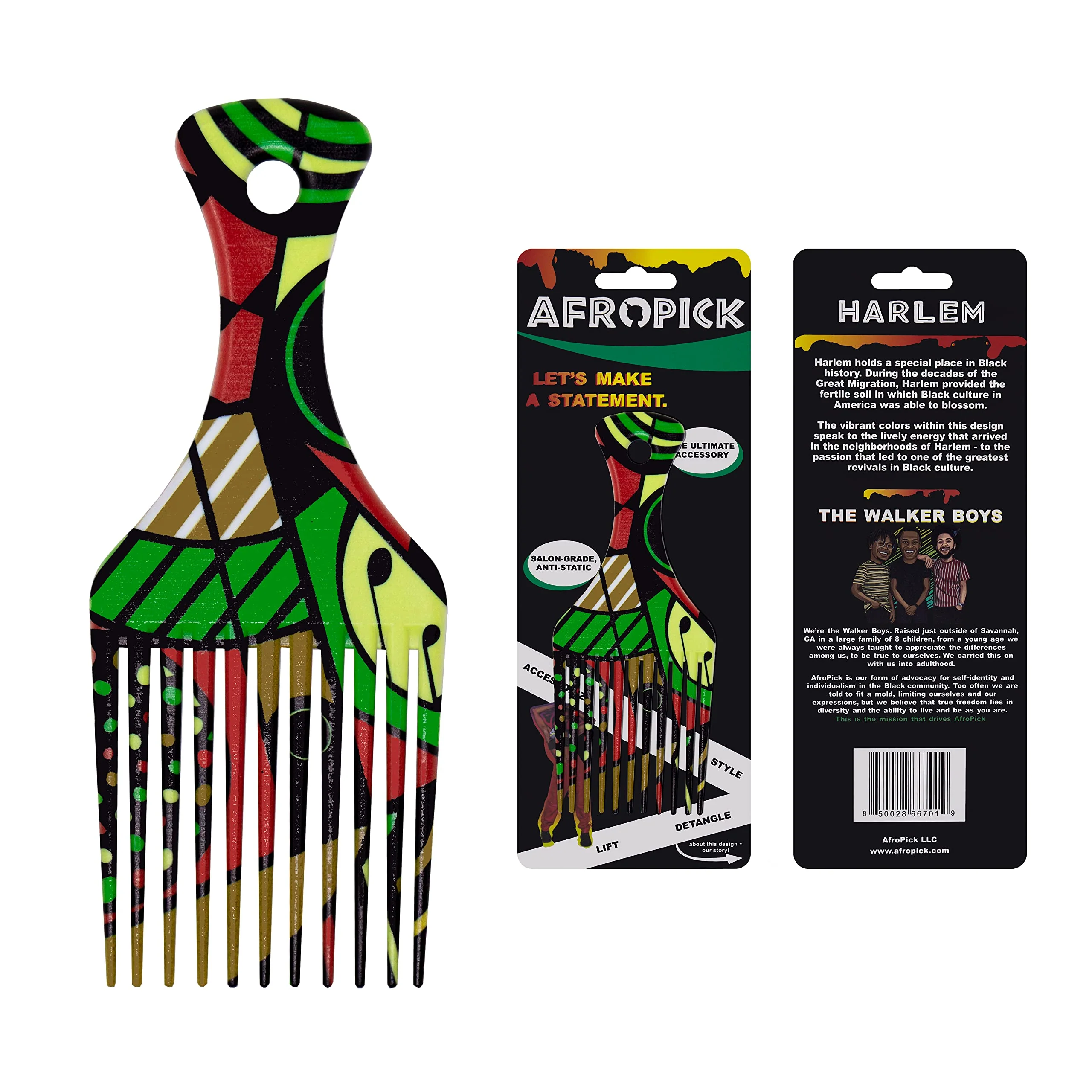Authentic Afropick Anti-Static Plastic Black Hair Pick for Natural Curly Long Thick Hair- Afro Pick Comb for Men Women- African Artist Designs Harlem Reusable