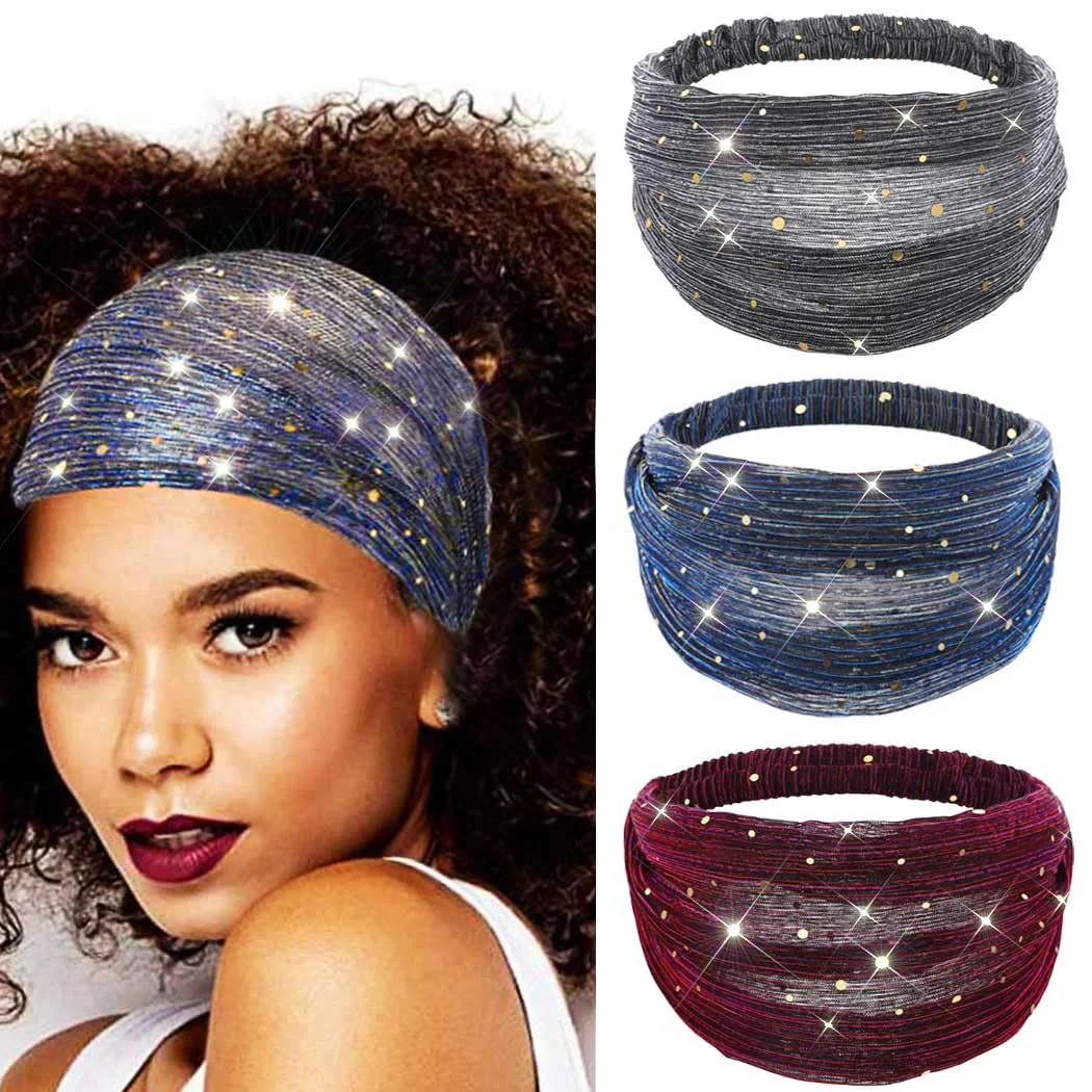 Authentic CAKURE Sequin Wide Headband Black Turban Headbands African Glitter Head Wraps Stretchy Bling Hair Wraps Hair Bands Yoga Running Sport Hair Accessories High-End