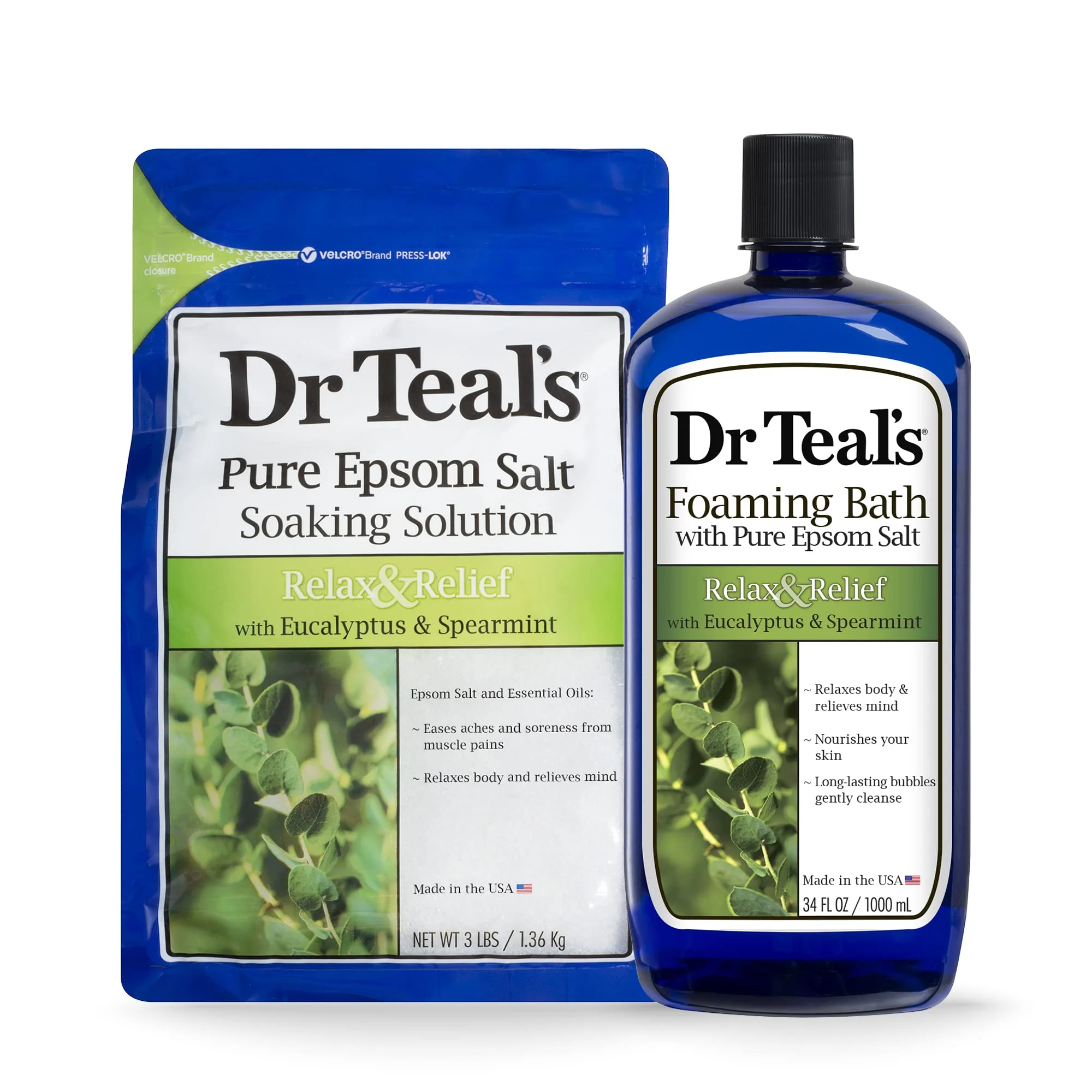 Professional Dr Teal's Epsom Salt Soaking Solution and Foaming Bath with Pure Epsom Salt Eucalyptus 3 Pound Bags and 34 Ounce Bottle Practical