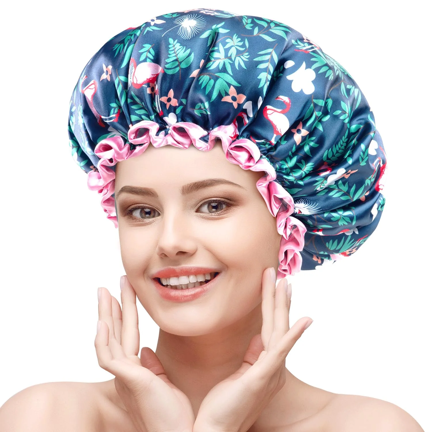 Trendy mikimini Large Shower Cap for Women Long Hair 2 Pack Flamingo Shower Caps with Pink Lace Double-layer Waterproof Reusable Washable X-Large Pack Excellent