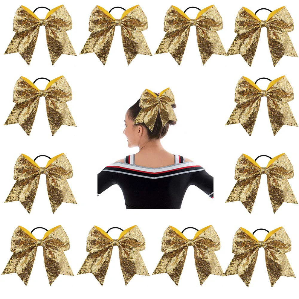 Solid Oaoleer 12PCS 7'''' Large Glitter Cheer Hair Bows Ponytail Holder Elastic Band Handmade for Cheerleading Teen Girls College Sports Gold Kid Minimalist