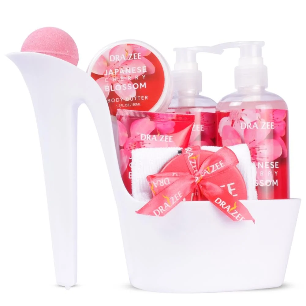 Premium Valentine s Day Gifts for Women - 8 Pc Spa Gift Baskets for Women Cherry Blossom Scented Heel Shoe Spa Basket Elegant Bath Set Romantic Spa Gift Genuine