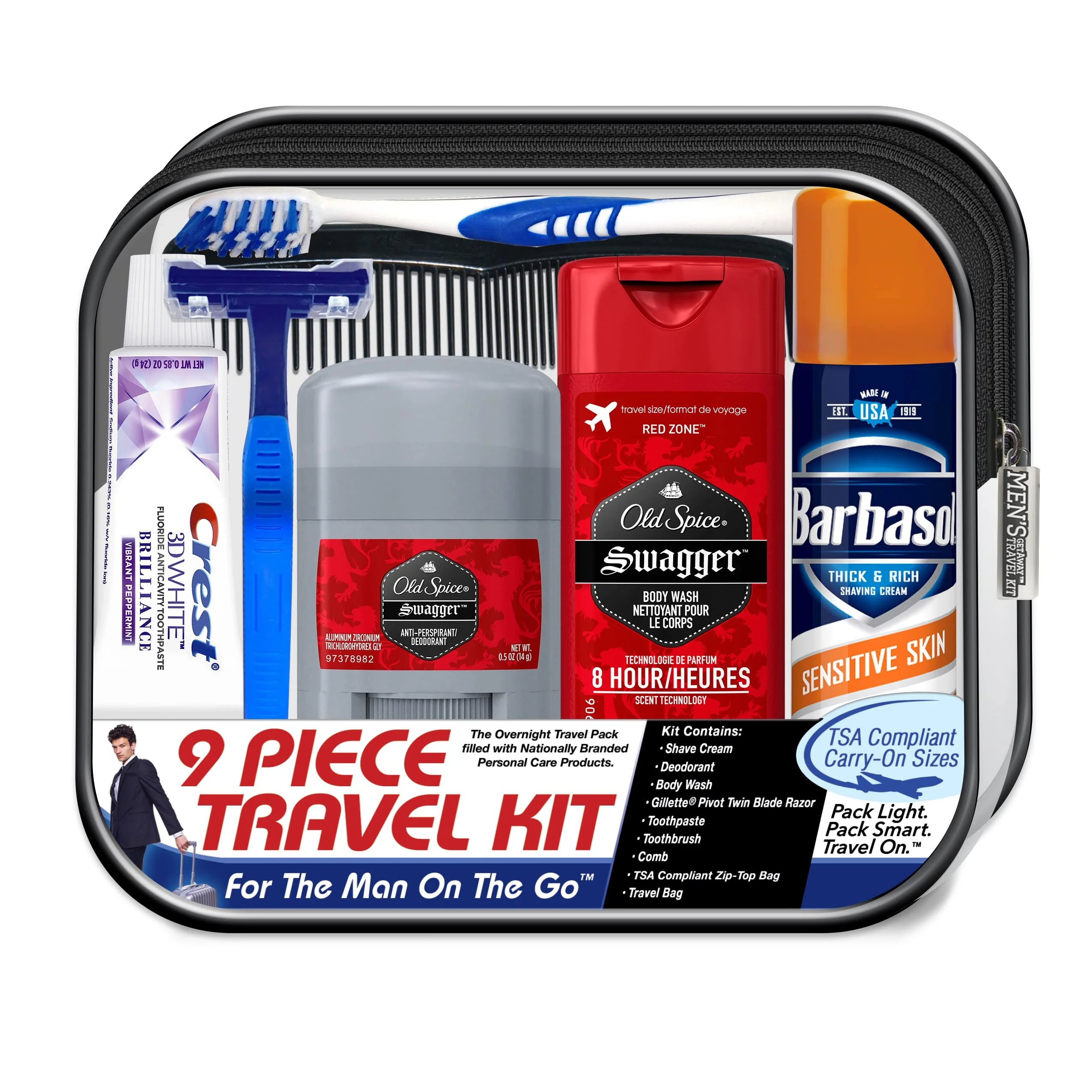 Superior Convenience Kits International Men's Deluxe 9-Piece Kit with Travel Size TSA Compliant Essentials Featuring Old Spice Products in Reuseable Secure