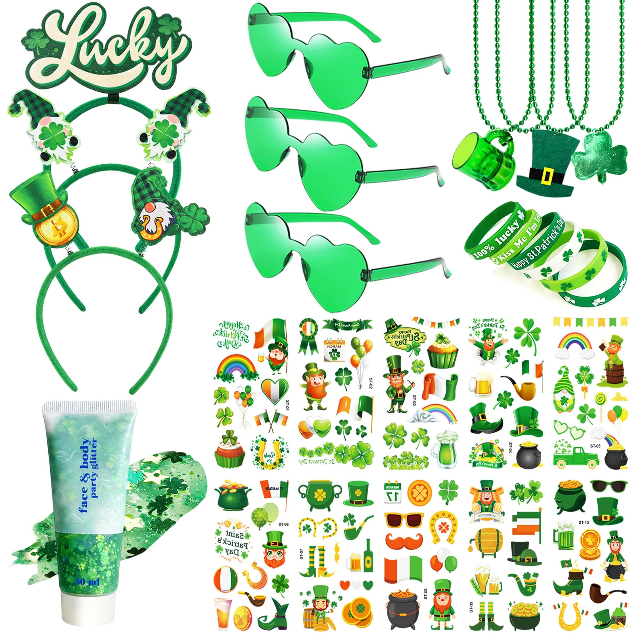 High-End QVAIVE 117 Pcs St Patricks Day Accessories Party Favor Set with Custom Shamrock Glitter Gel Glasses Headbands Bracelets Necklaces for Irish Parades Long-Lasting