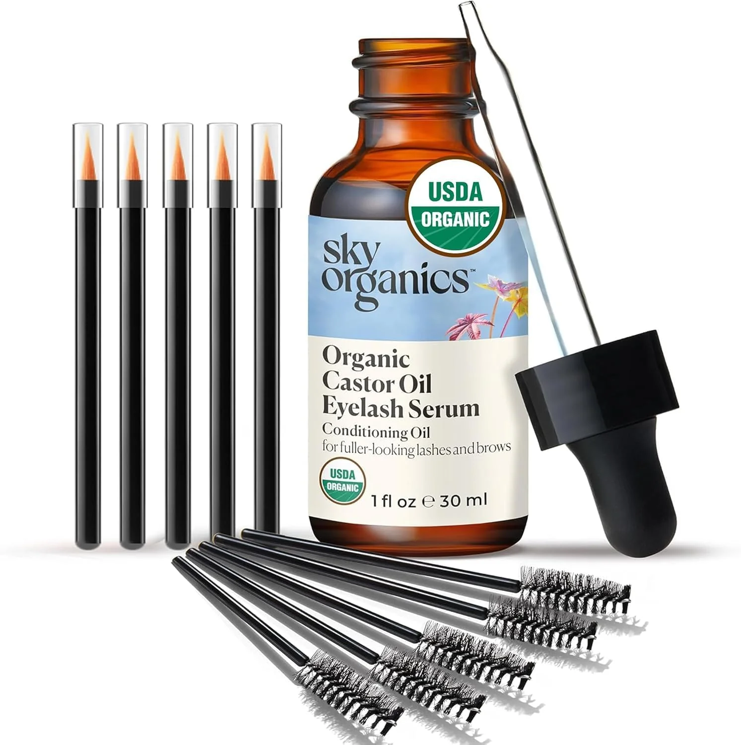 Advanced Sky Organics - USDA Organic Castor Oil Eyelash Serum 1 fl oz 30 mL Brown Glass Bottle for UV Protection - Fuller-Looking Eyebrow Lash Serum Recyclable