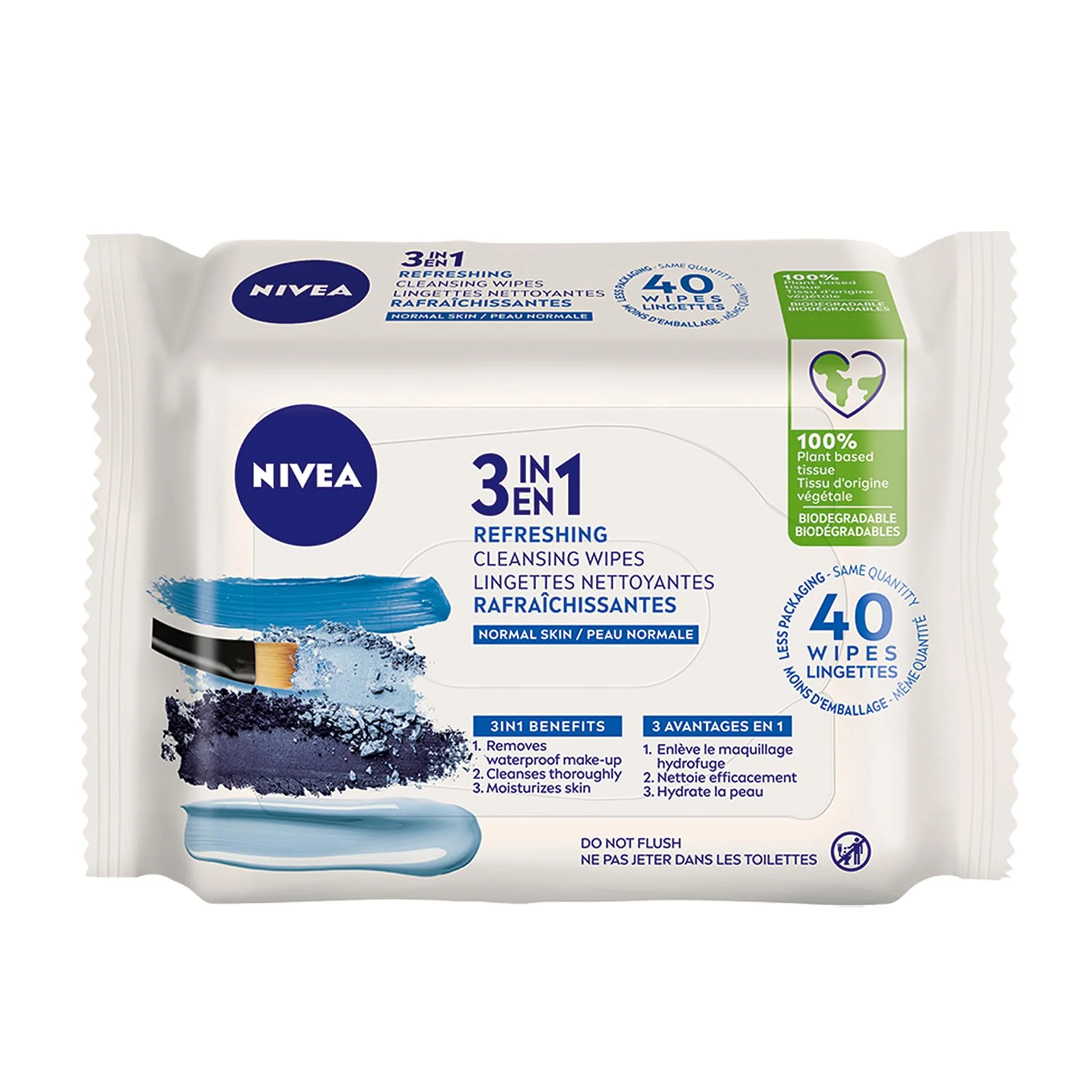 World-Class NIVEA 3-in-1 Refreshing Face Cleansing Wipes 40 Count Normal Combination Skin Biodegradable Plant-Based Fibres Makeup Remover Dermatologically Fast
