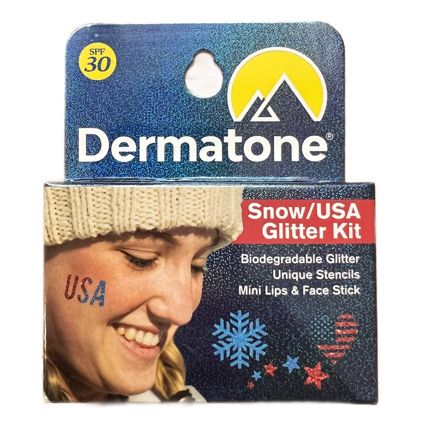 Proven Lips Face Glitter Kit - Snow USA Stocking Stuffer - Biodegradbale Glitter - Includes 2 Glitter Colors Stencil Skin Balm to Apply - Powerful