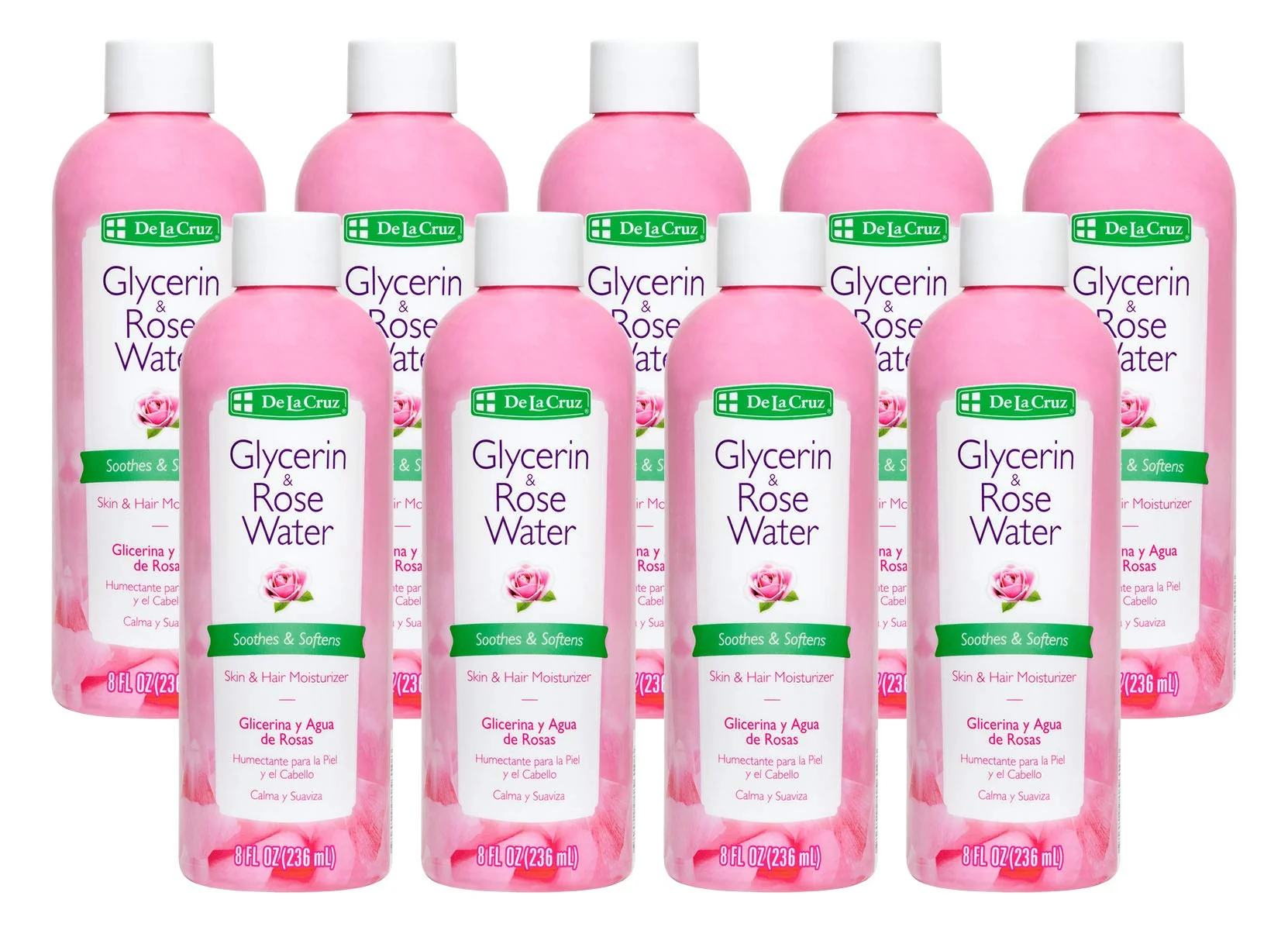 Authentic De La Cruz Rose Water and Glycerin for Face - Rosewater Facial Toner and Moisturizer for Skin and Hair 8 fl oz 236 mL - 9 Bottles Eco-Friendly