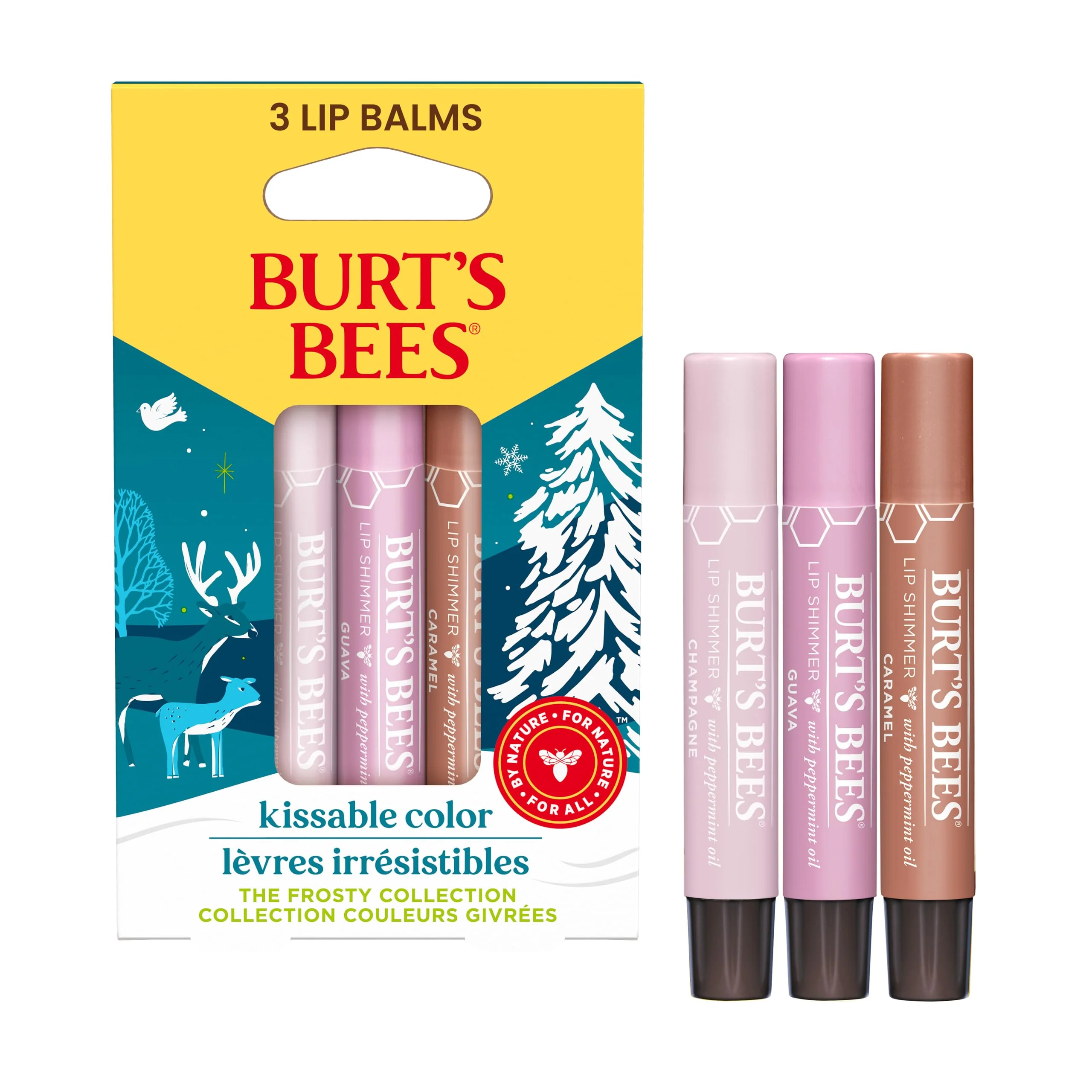 Prestigious Burt's Bees Kissable Color Frosty Collection Lip Shimmer Gift Set Champagne Guava and Caramel Tinted Lip Shimmer Natural Origin Lip Care 3 Tubes Professional