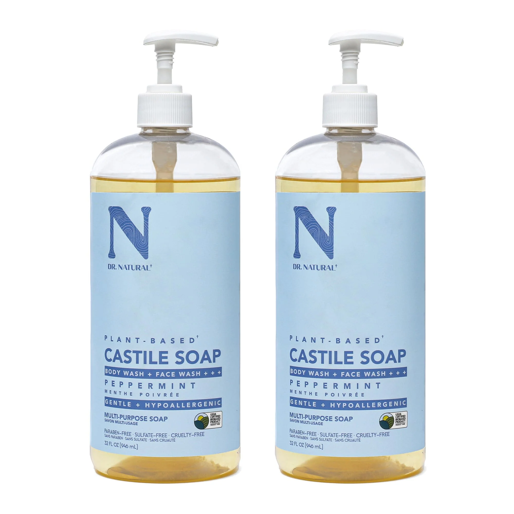 Convenient Castile Liquid Soap - Peppermint by Dr. Natural for Unisex - 32 oz Soap - Pack of 2 Contemporary