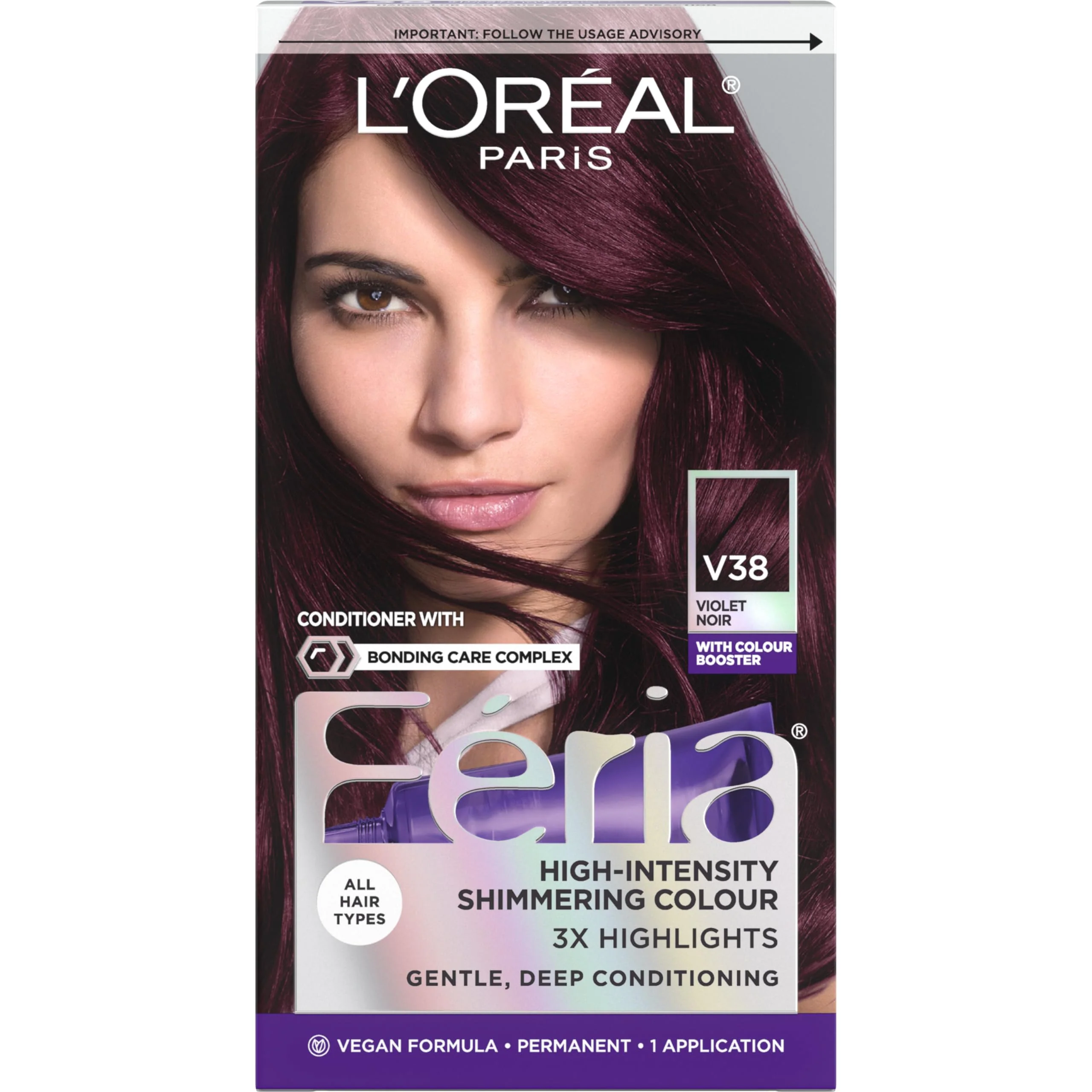 Advanced L'O Paris Feria Multi-Faceted Shimmering Permanent Hair Color V38 Violet Noir Intense Deep Violet Pack of 1 Hair Dye Kit Professional