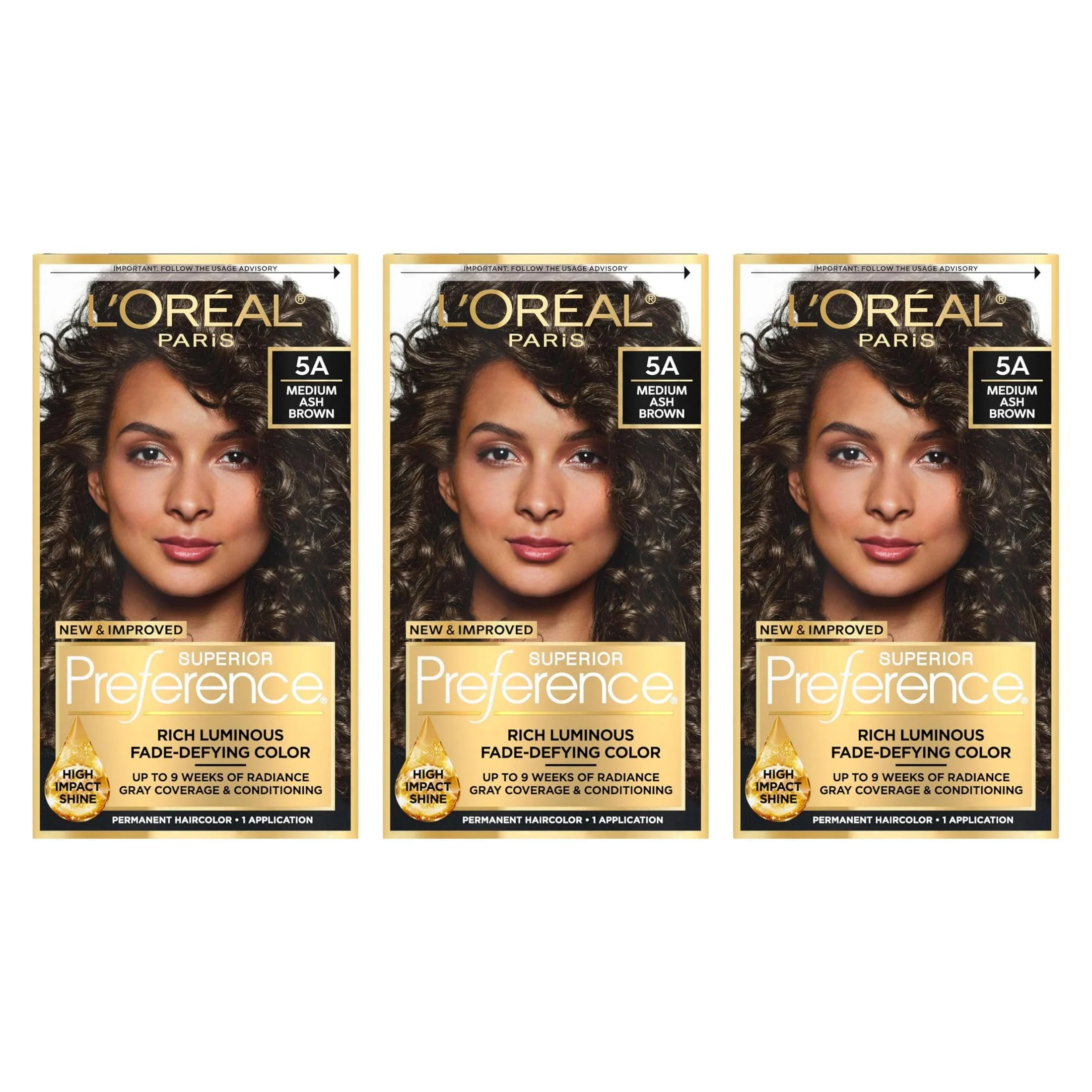 Certified L'O Paris Superior Preference Fade-Defying Shine Permanent Hair Color 5A Ash Brown Pack of 3 Hair Dye Clean