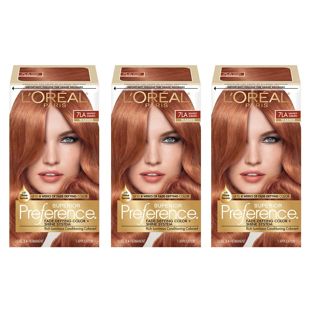 Contemporary L'O Paris Superior Preference Fade-Defying Shine Permanent Hair Color 7LA Lightest Auburn Pack of 3 Hair Dye Soft