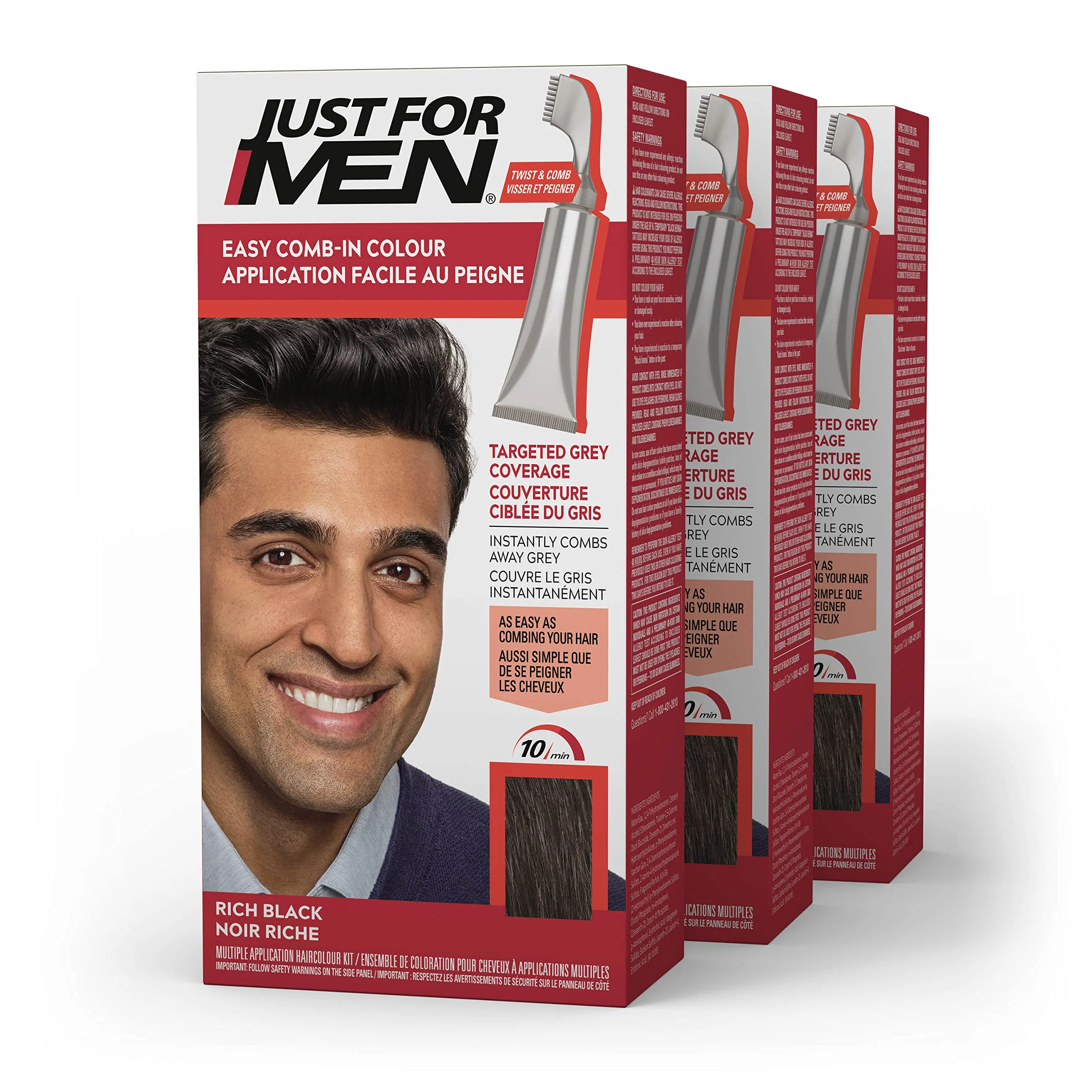 Detailed Just For Men Easy Comb-In Color Mens Hair Dye Easy No Mix Application with Comb Applicator - Rich Black A-65 Pack of 3 High-Performance