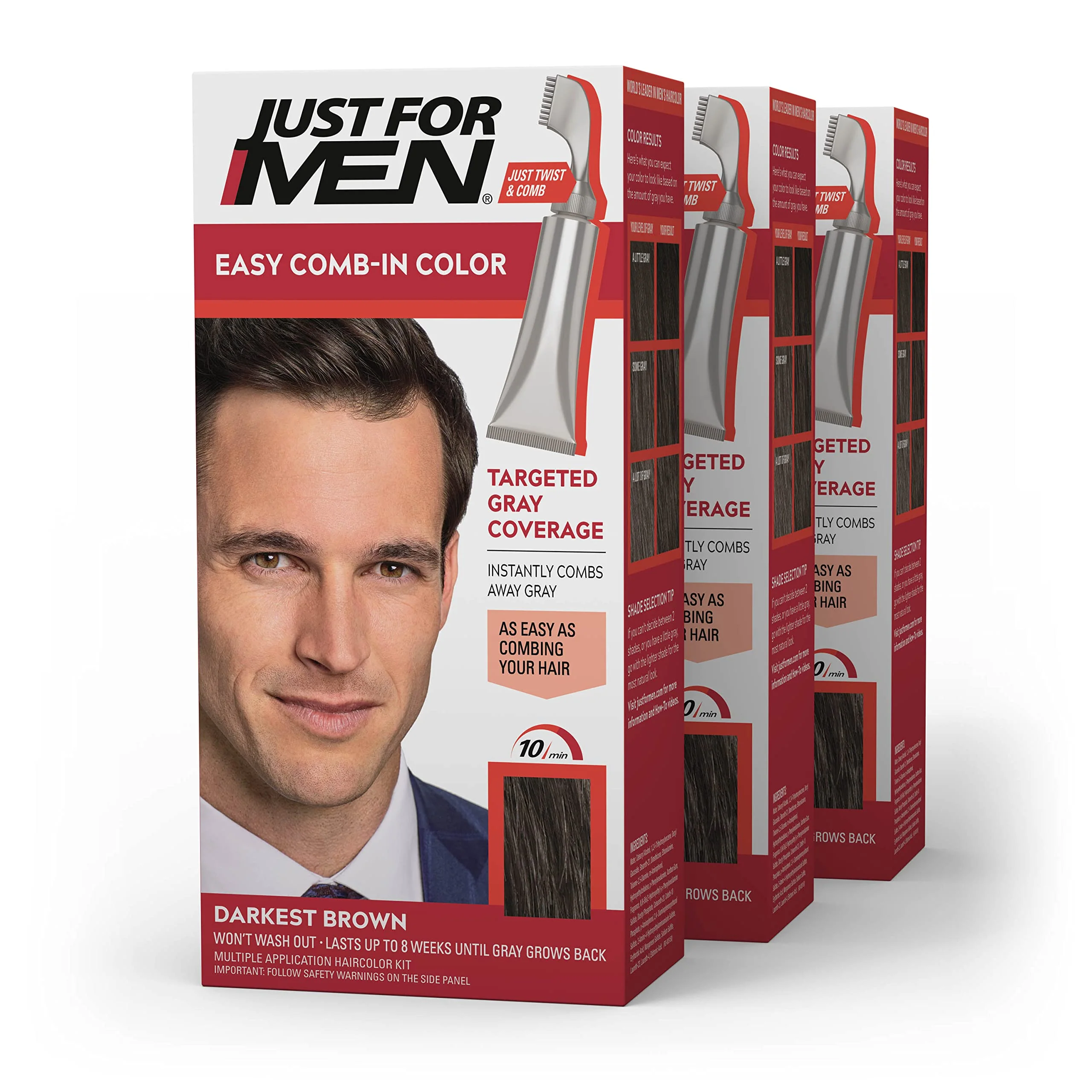 Contemporary Just For Men Easy Comb-In Color Mens Hair Dye Easy No Mix Application with Comb Applicator - Darkest Brown A-50 Pack of 3 Minimalist