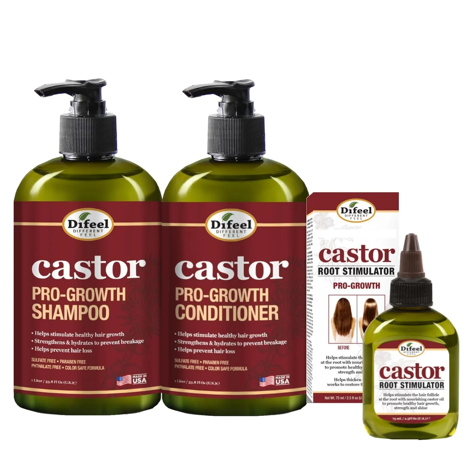 Casual Difeel 3-PC Castor Pro-Growth Hair Growth Cleansing Treatment Set - Includes 12 oz Shampoo 12oz Conditioner 2.5oz Root Stimulator Original Design