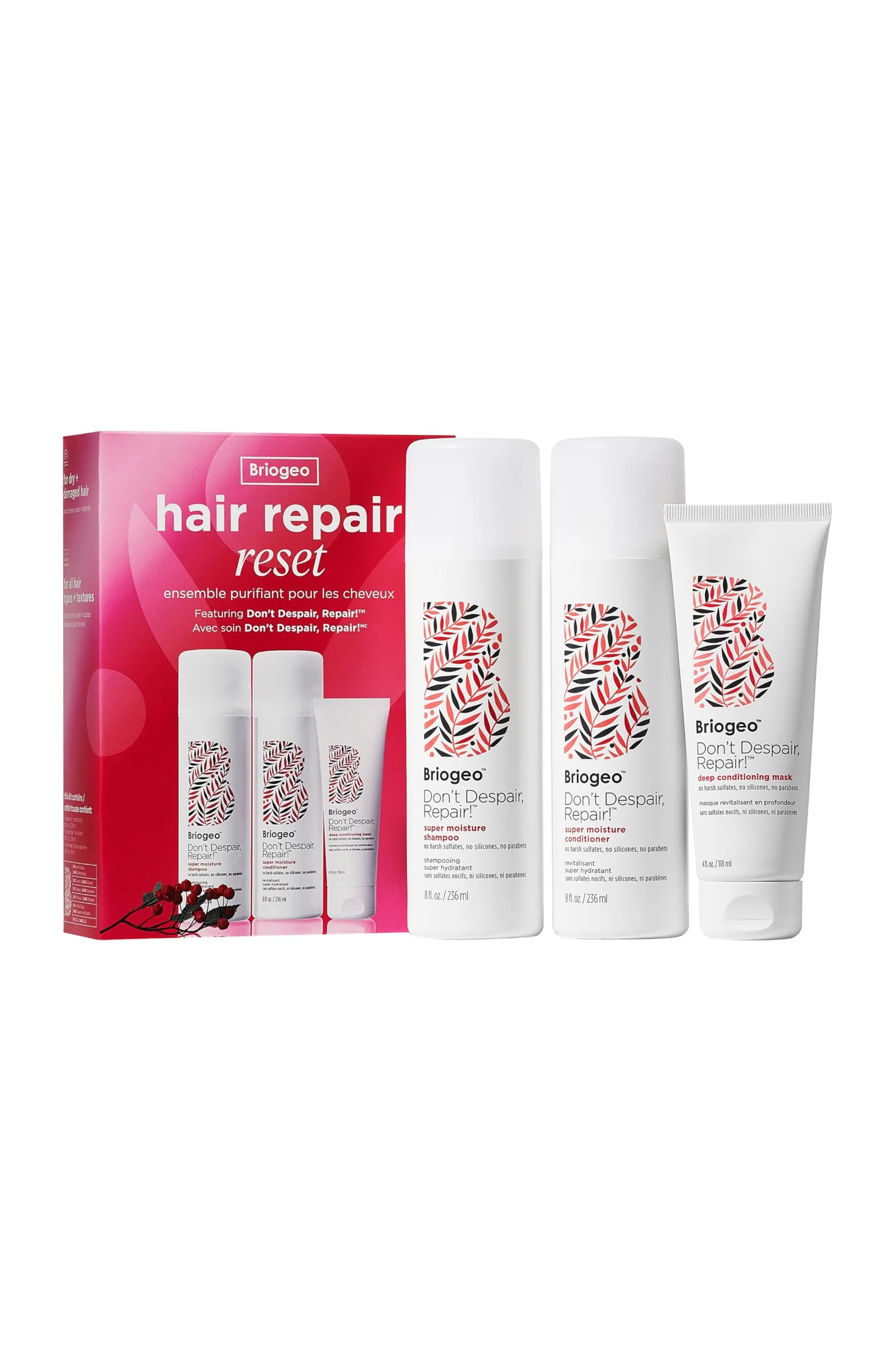 Authentic Briogeo Don't Despair Repair Hair Repair Reset Kit Contains Super Moisture Shampoo Conditioner Deep Conditioning Mask Repairs Dry Damaged or Soft