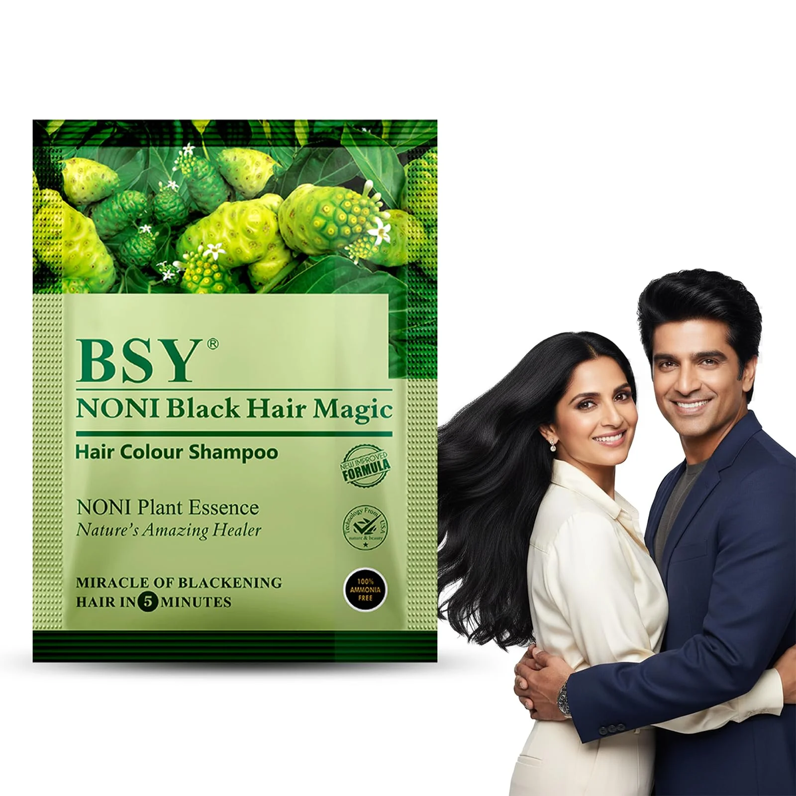 Verified BSY Noni Black Hair Hair Color Shampoo 12ml x 5 Sachets Ammonia- Permanent Noni Fruit Hair Dye Natural Black Shade in 5 Minutes Fashionable