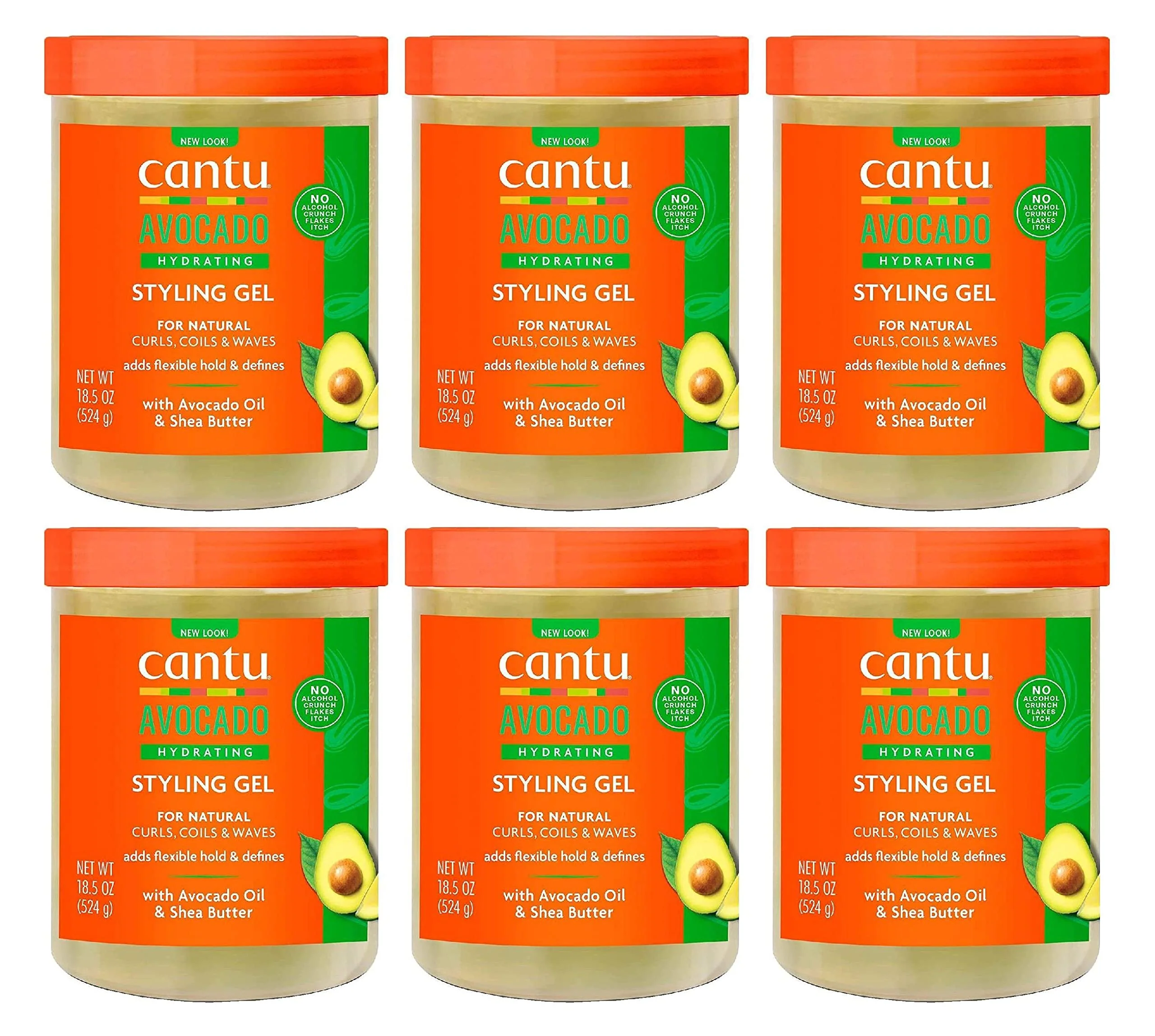 Certified Cantu Avocado Hydrating Styling Gel 18.5 Ounce Jar Pack of 6 Authentic