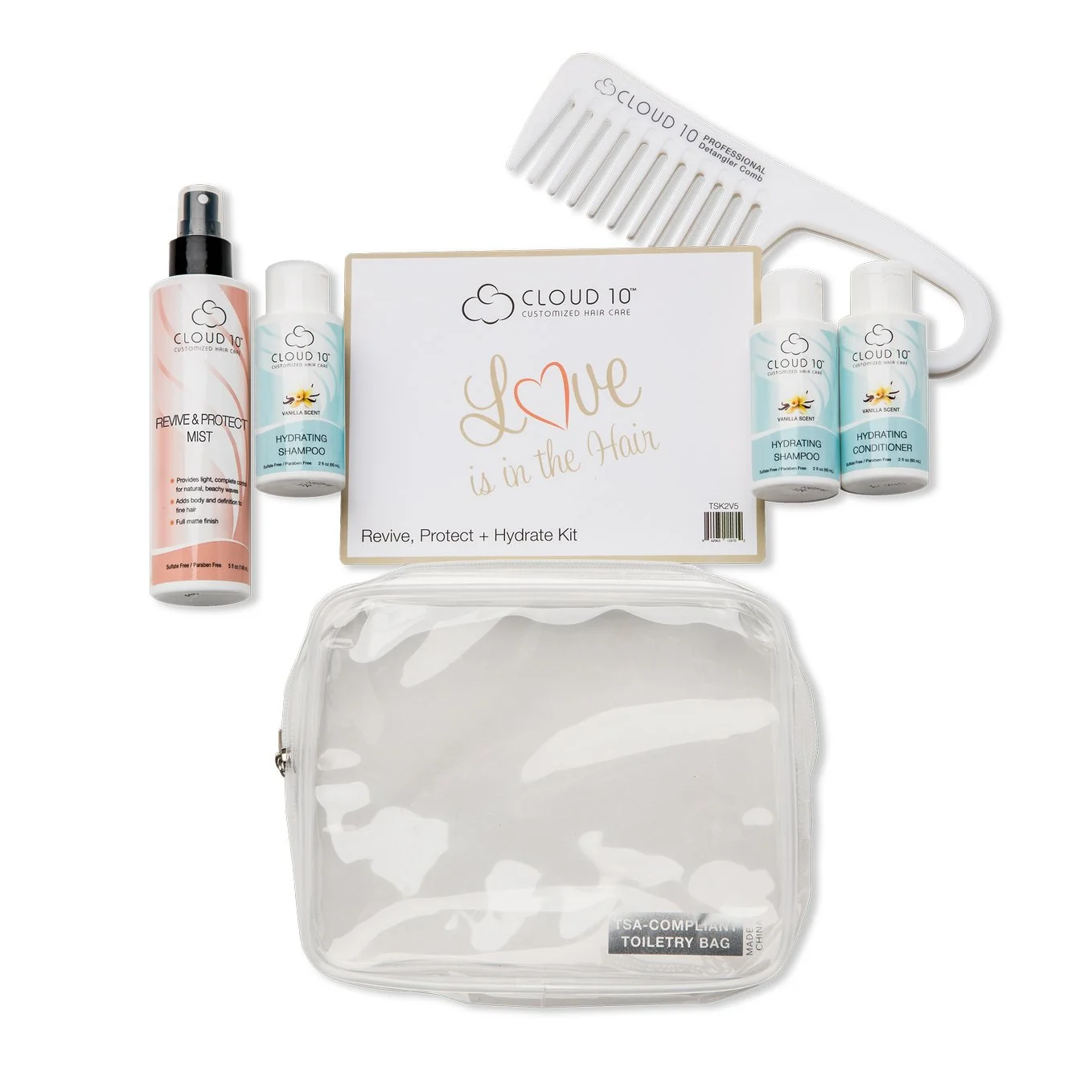 Easy-to-Use Cloud 10 Protect Hydrate Travel Kit - Cruelty Wide Tooth Detangler Comb TSA Compliant Carrying Case Environmentally Friendly