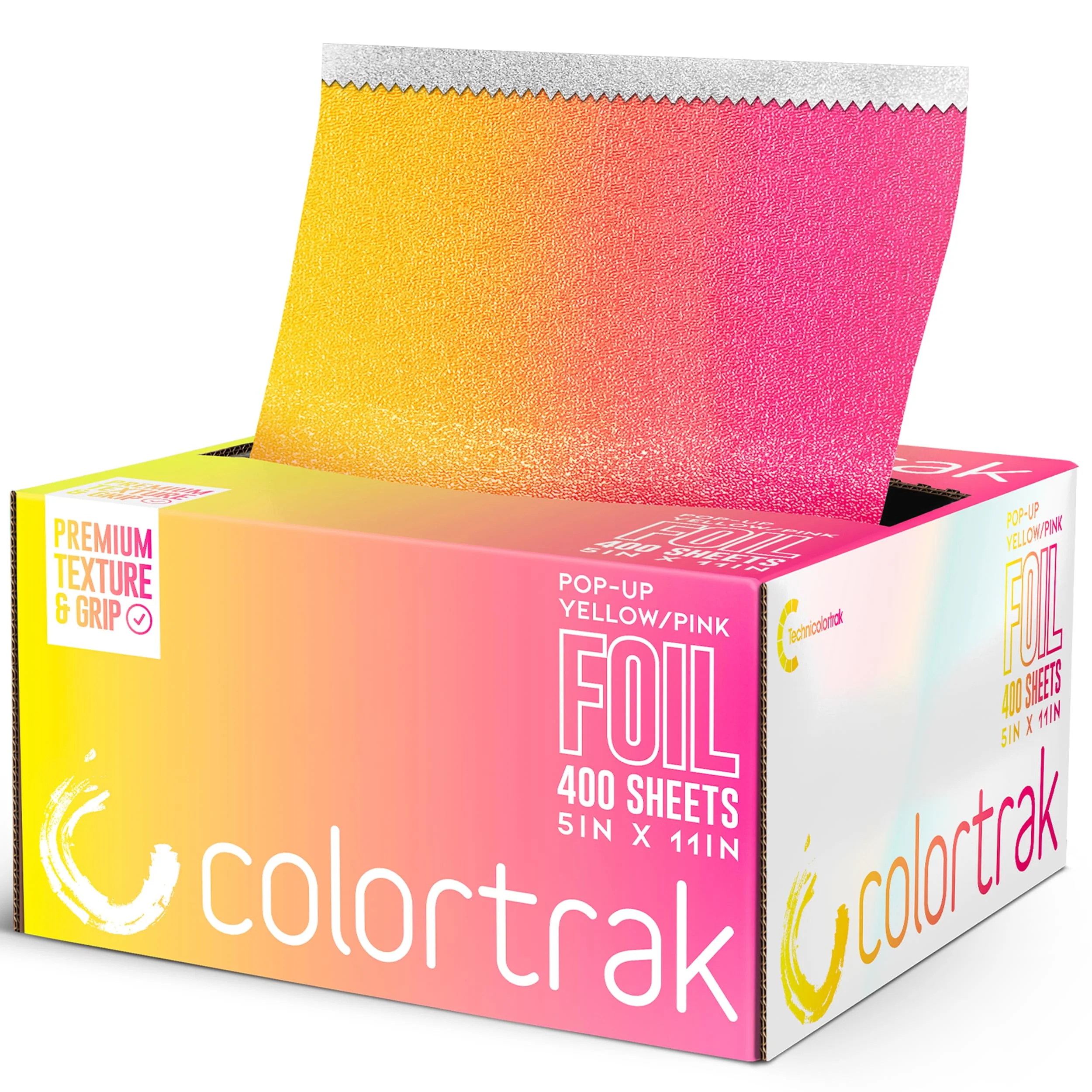 Practical Colortrak Yellow Pink Gradient Pop-up Foil w Dispenser 400 Count Pre-cut Sheets Non-Slip Embossed Texture 5 x 10.75 Sheets for Hair Foil High-Quality