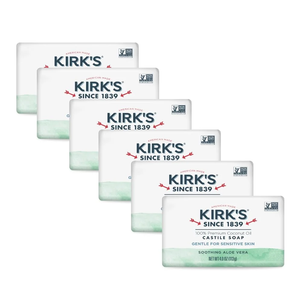 Trusted Kirk's Castile Bar Soap Aloe Vera - Clinically Tested Safe for Sensitive Skin with Coconut Oil Vegan and Non-GMO - 4 oz Bars 6 Pack Genuine