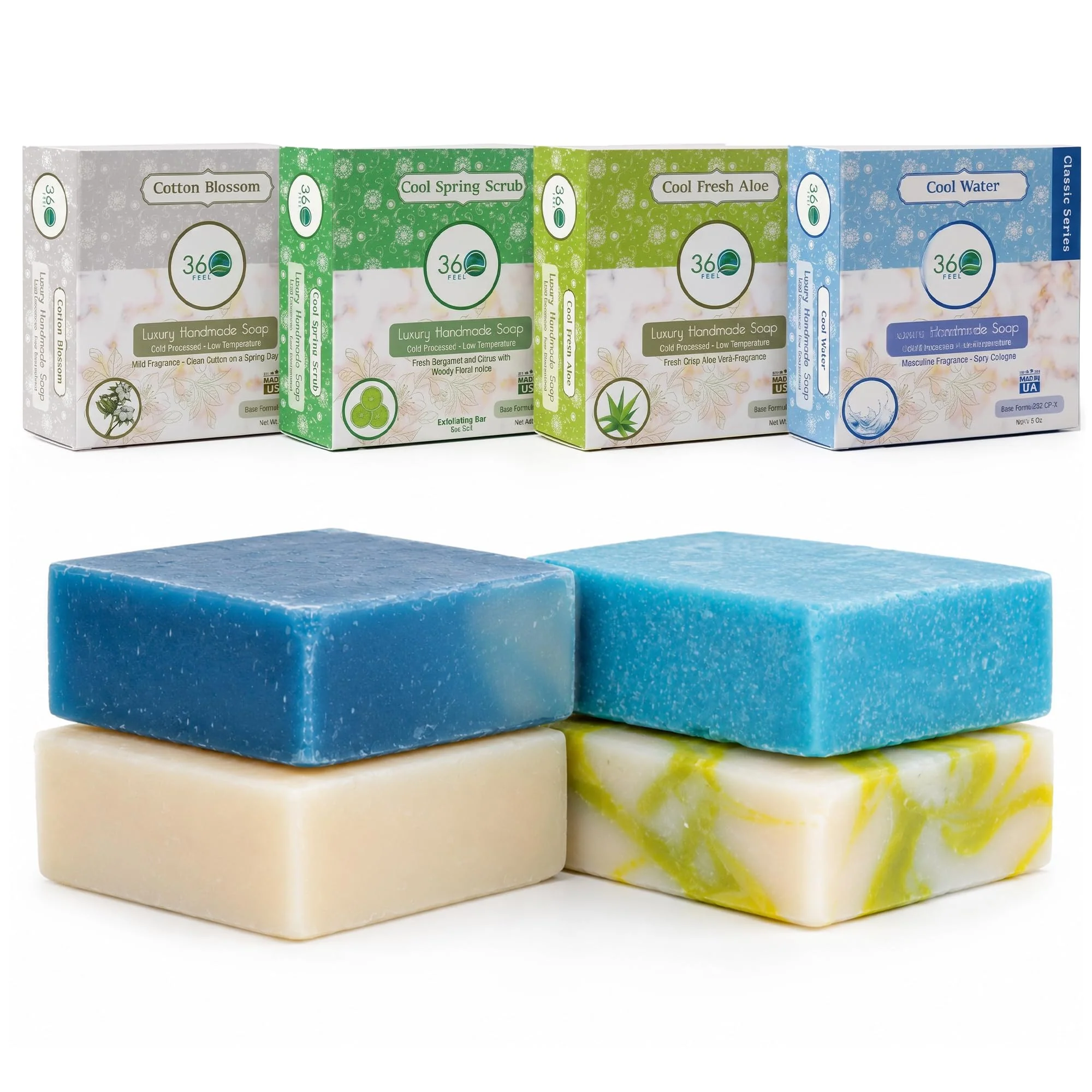 Durable 360Feel Fresh Bar Soap Set - Made in the USA - Castile Handmade Natural Cold Processed - Gentle on Sensitive Skin - 4 Refreshing Scents Aloe Vera Professional