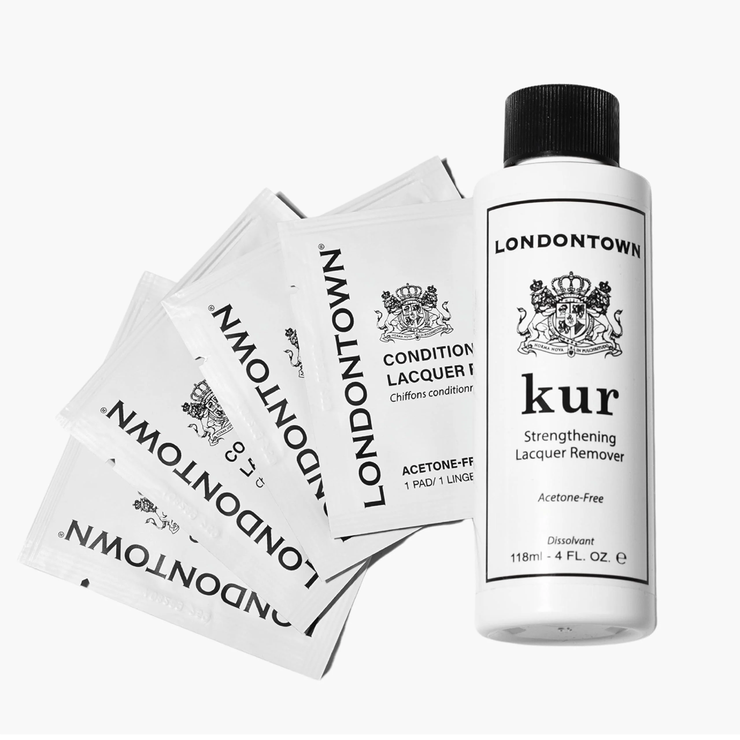 Certified LONDONTOWN Home Away Remover Set - Acetone- Nail Polish Remover 4fl oz and Strengthening Conditioning Nail Lacquer Removing Pads 4 Pieces Safe