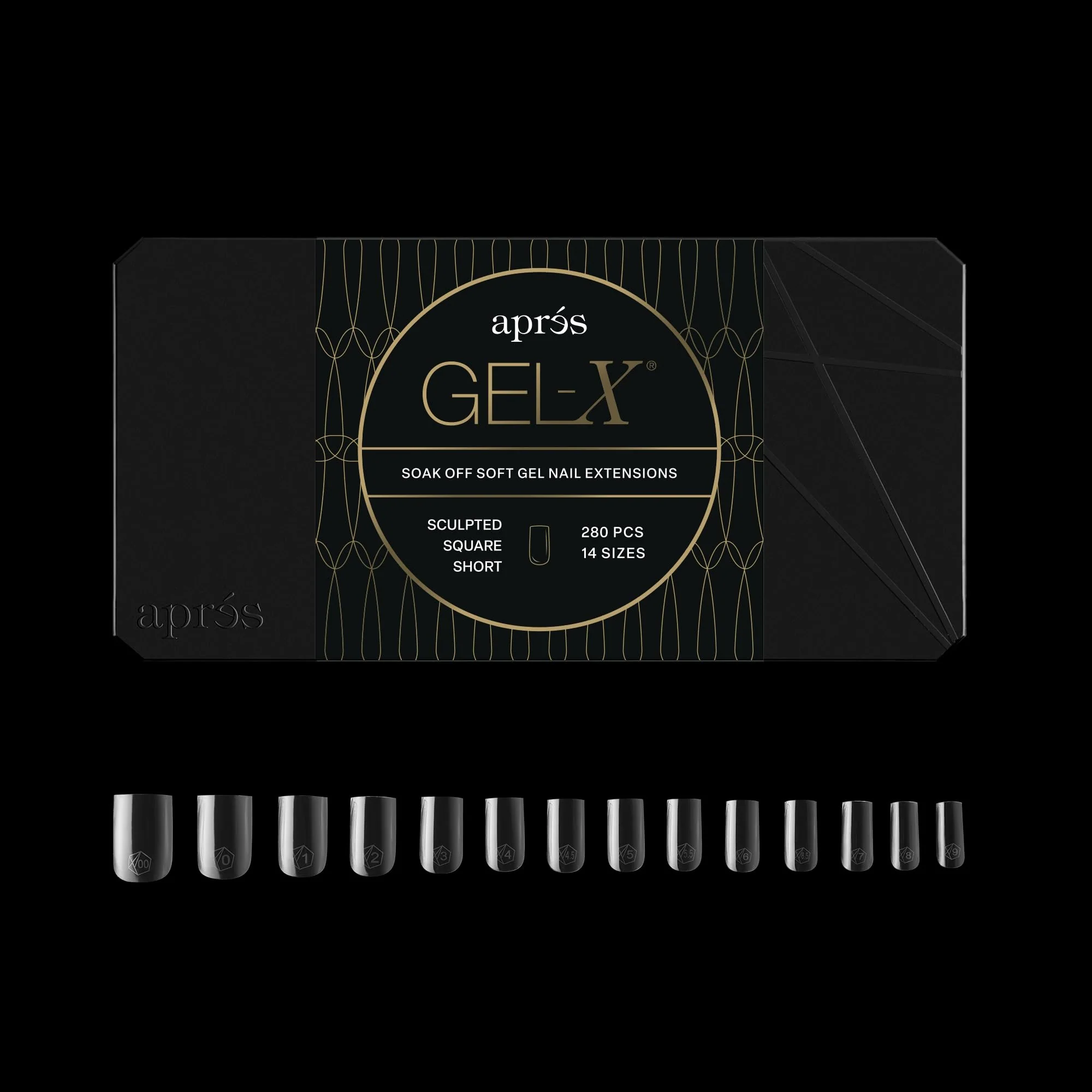 Sustainable Aprés Gel-X® Square Box of Nail Tips 280 Gel-X Tips Soft Tips 14 Sizes 00-9 Half-sizes Included Sculpted Square Short 280 Count Pure