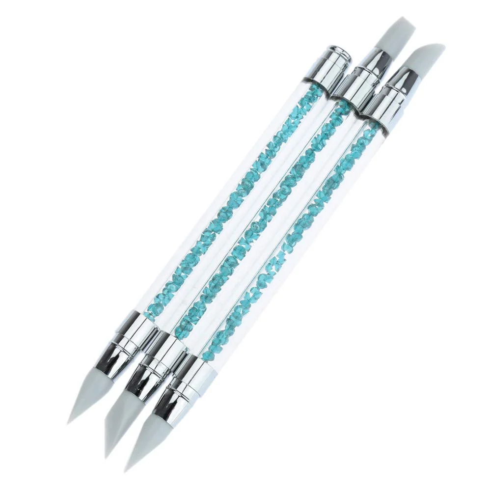 Secure BornBeauty 2 Ways Silicone Nail Art Acrylic Pen Brushes set 3 Pcs Blue Rhinestones Design Sculpture Carving Brush for 3D Effect Shaping Drawing Reliable