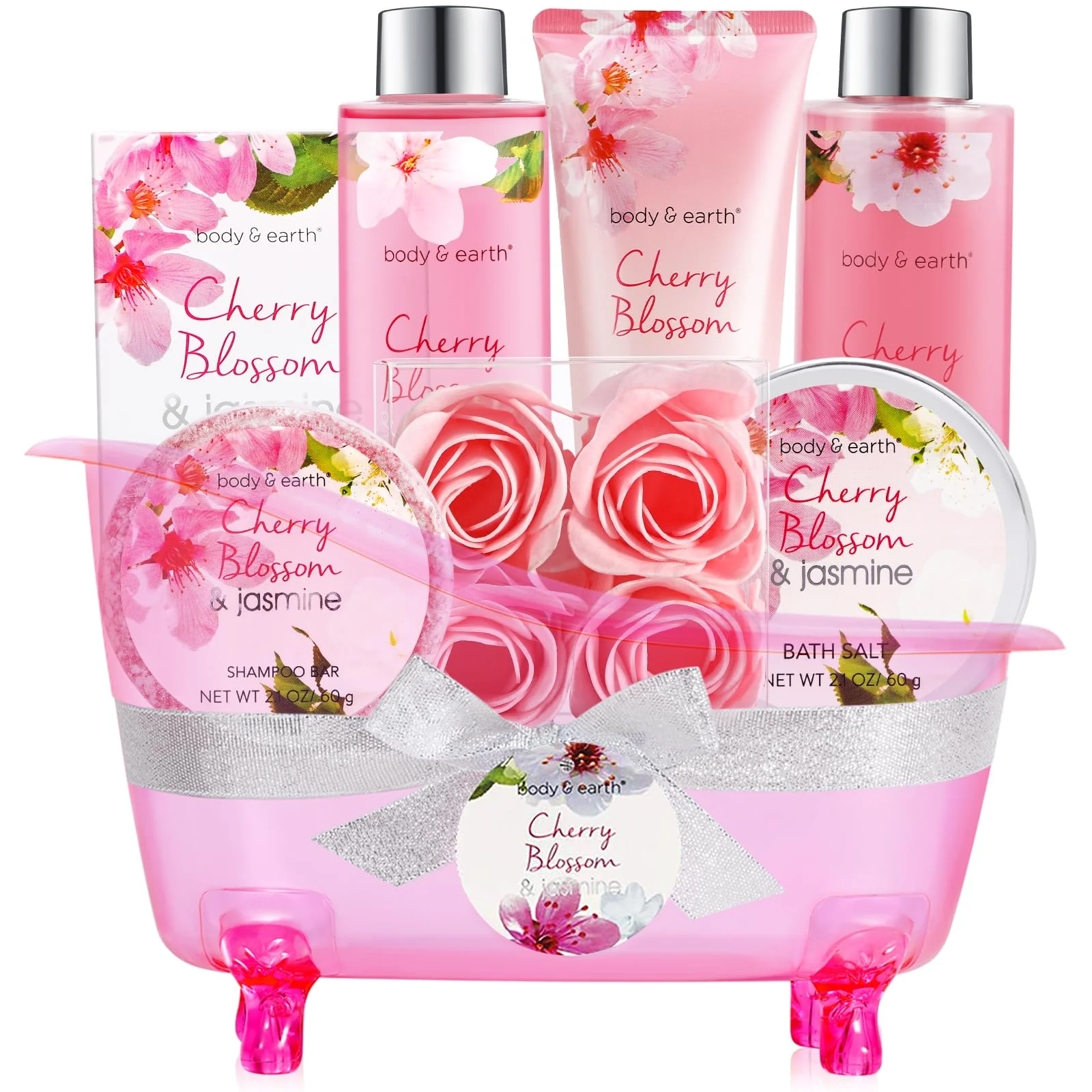Flexible Body Earth Spa Gifts for Women Self Care Kit - 8pcs Cherry Blossom Jasmine Bath Sets for Women Birthday Mother's Day Gift Baskets for Mother Expertly Made