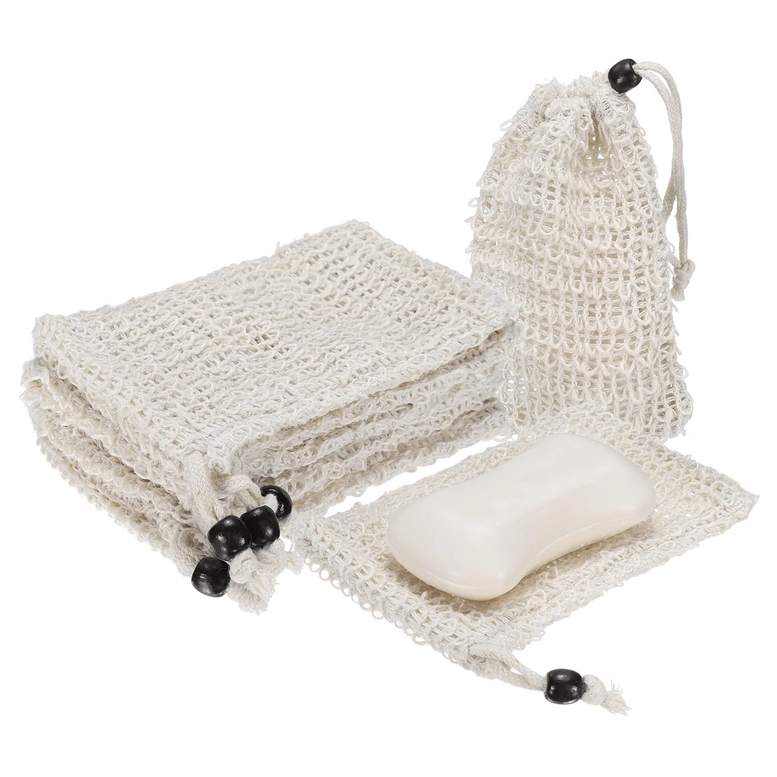 Pure uxcell 10 Pcs Soap Saver Bag 5.5 x3.5 Mesh Soap Bag with Drawstring Brown Wooden Bead Cotton Scrubber Pouch Exfoliating Net for Body Shower Foaming Artisan