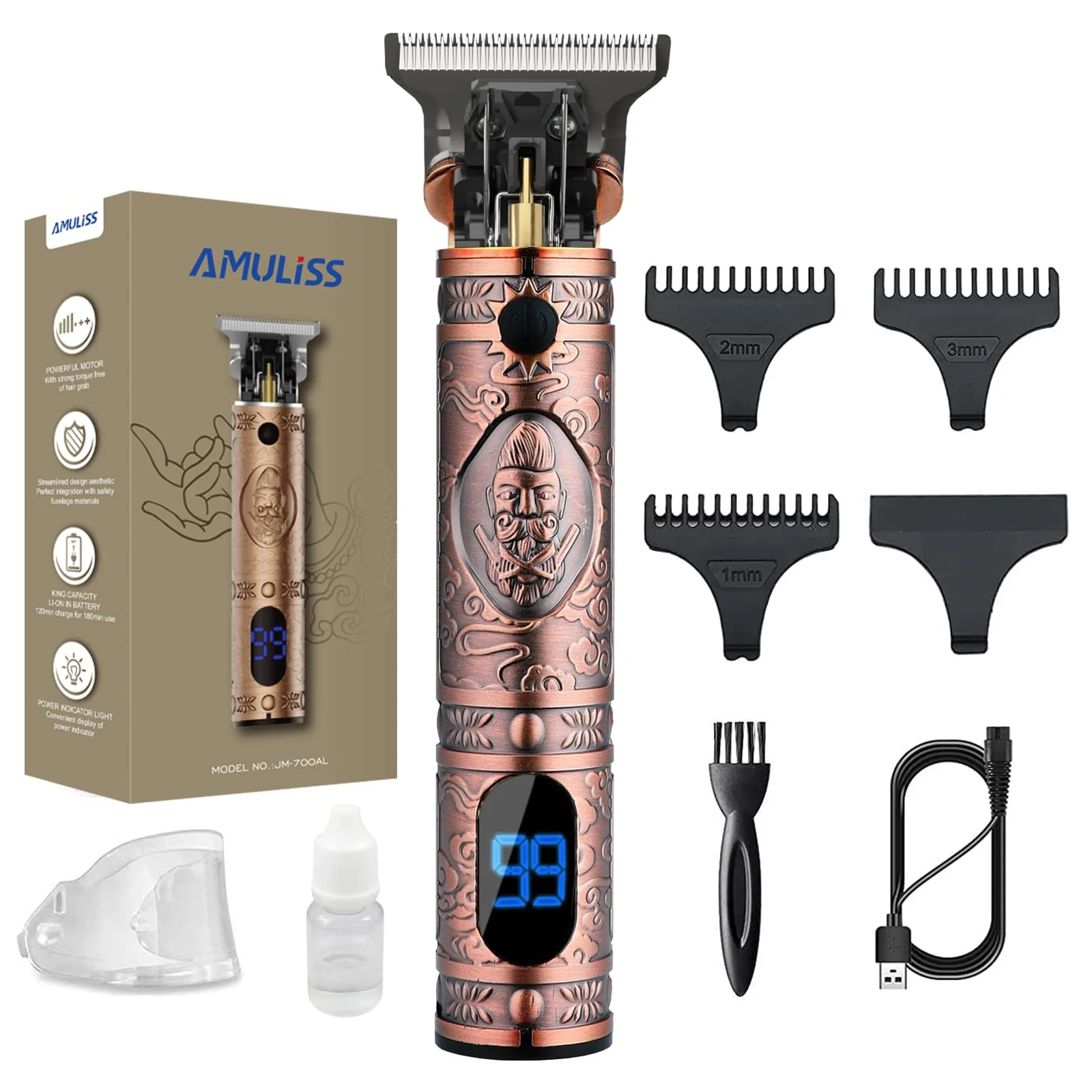 Carefully Designed AMULISS Cordless Beard Trimmer for Men Vintage Waterproof LED Hair Trimmer Powerful