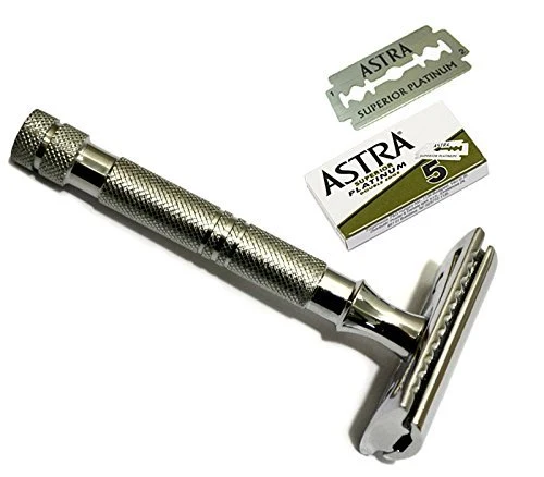 World-Class CS-203 Classic Samurai Slim Long Handled Safety Razor with 5 ASTRA Double Edge Razor Blades Innovative