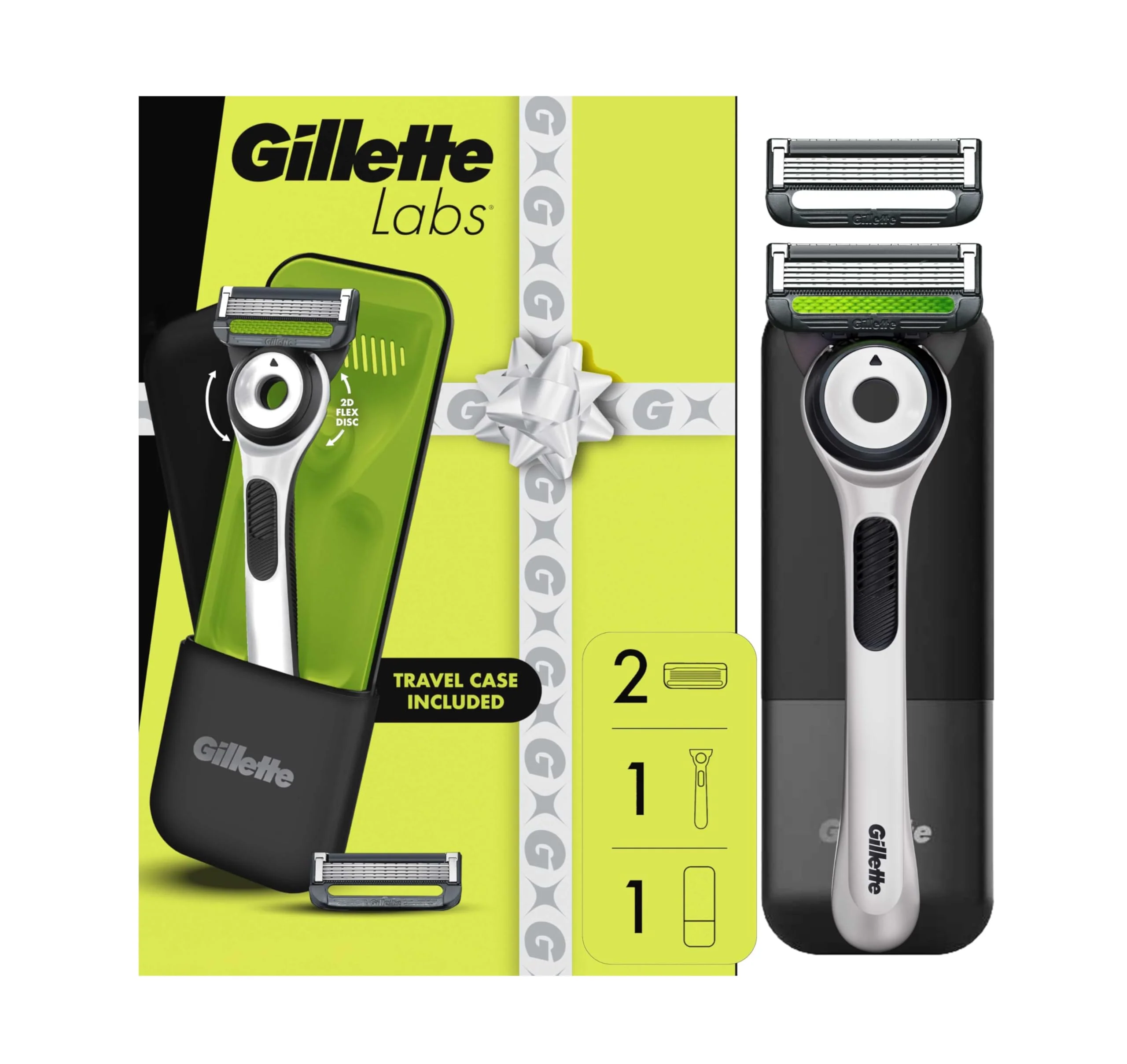 Environmentally Friendly Gillette Labs Shaving Razor for Men White Edition Handle 2 Blade Refills and Travel Case Gift Set Detailed
