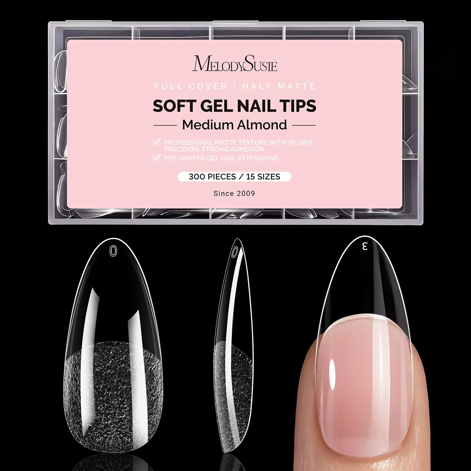 World-Class MelodySusie Medium Almond X Nail Tips - 300Pcs 15 Sizes Clear Acrylic Half Matte Full Cover Press on Nails for DIY Extension Salon Use Pre-Shaped Natural