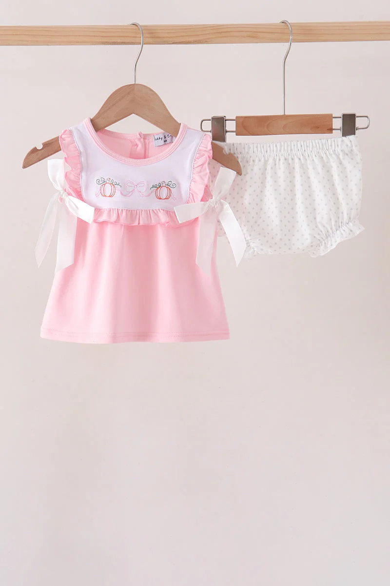 Consistent Pink Pumpkin Bow Embroidery Ruffle Bloomer Set Reliable