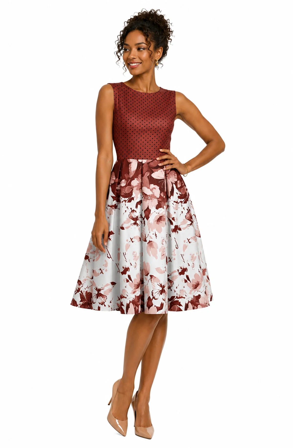 Authentic Lily by Firmiana Women's Sleeveless Dress with Pleated Skirt Burgundy Cream Effective