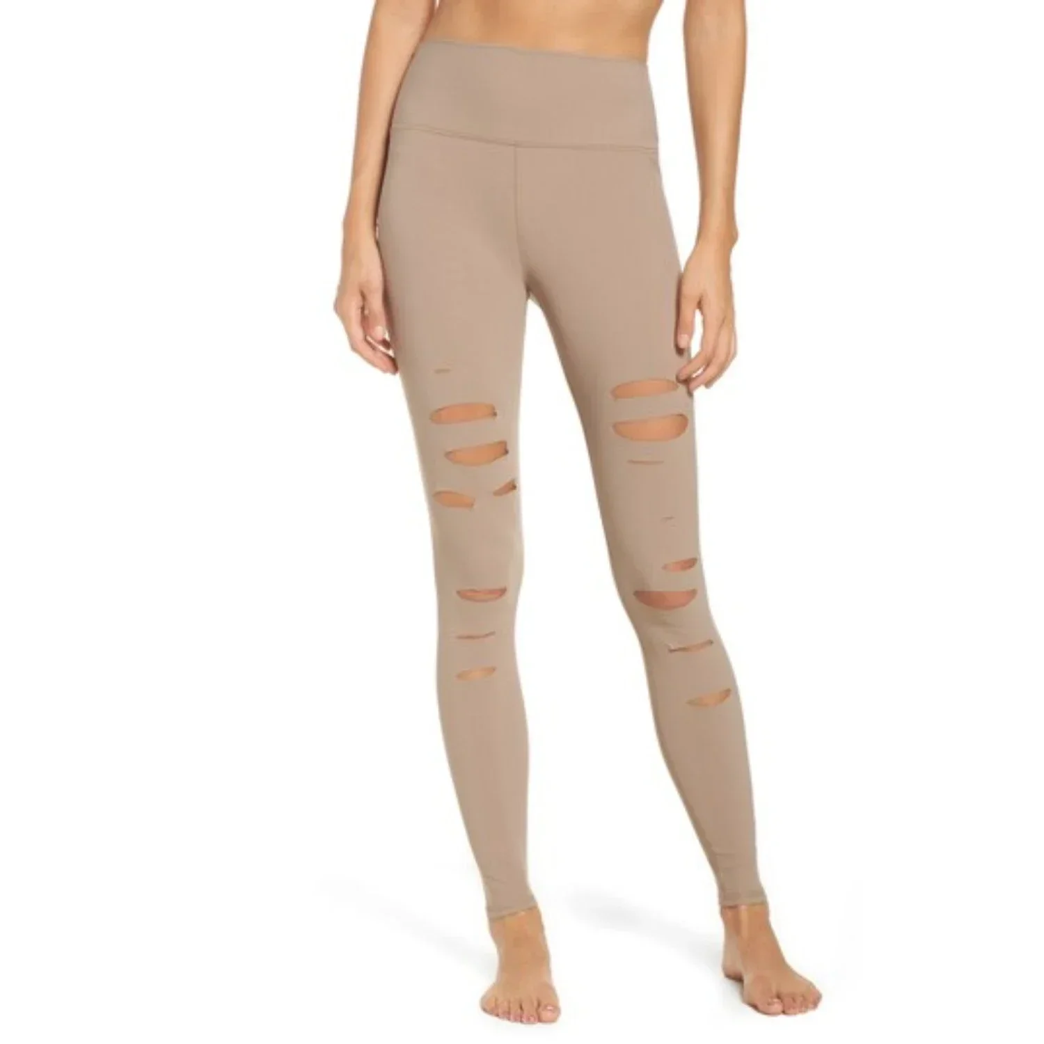 Classic Alo Yoga High Waist Ripped Warrior Stretch Performance Women's Leggings — Gravel Top-Quality