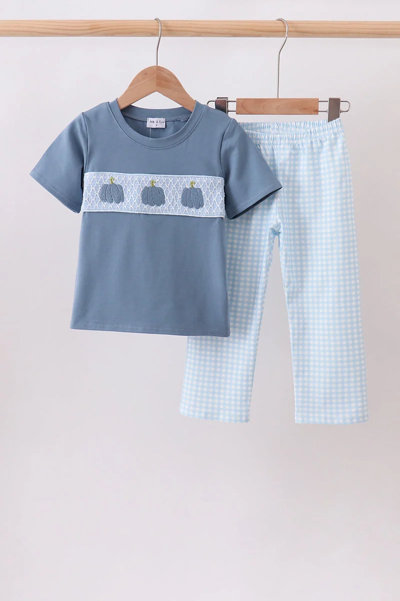 Detailed Blue Pumpkin Smocked Gingham Pants Set Superior